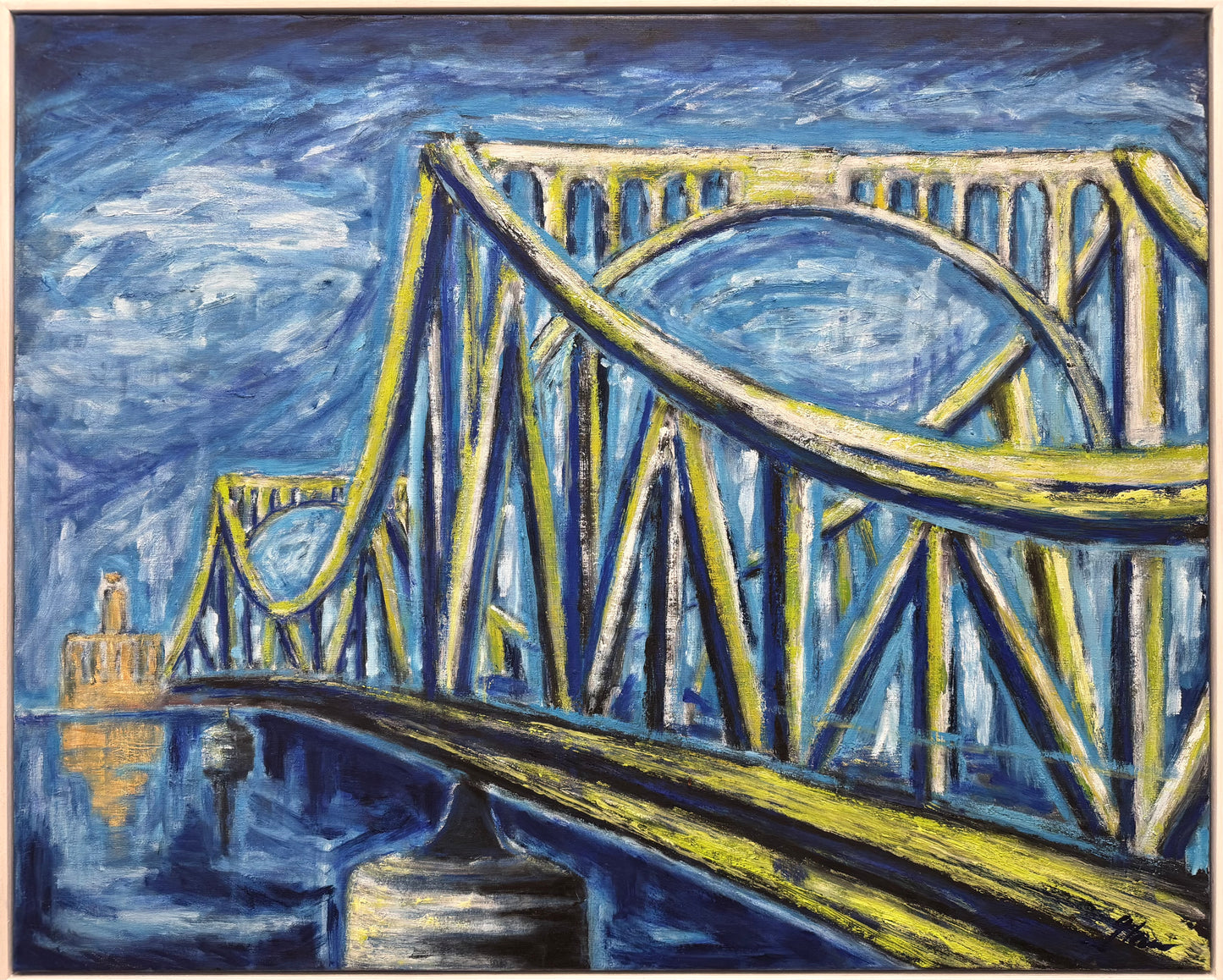 Original Öl-Malerei, Gemälde von Ute Manoloudakis, Titel „Bridge of Spies“ – Blick zur Glienicker Brücke, expressive Darstellung in Blau und Gelb. Die Brücke nimmt den Großteil des Bildes ein, mit Tiefenperspektive, Potsdam Architektur, historisch, Öl auf Leinwand, erhältlich bei What The Artist Made