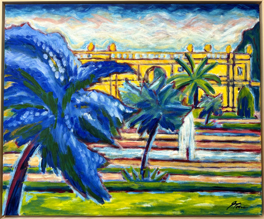 Original Öl-Malerei, Gemälde von Ute Manoloudakis, Titel „Orangerie im Sommer“ – Park-Landschaft, barocke historische Architektur, Potsdam Orangerie, Park mit Palmen in blau, grün, gelbes Gebäude, Kirche, Öl auf Leinwand, erhältlich bei What The Artist Made