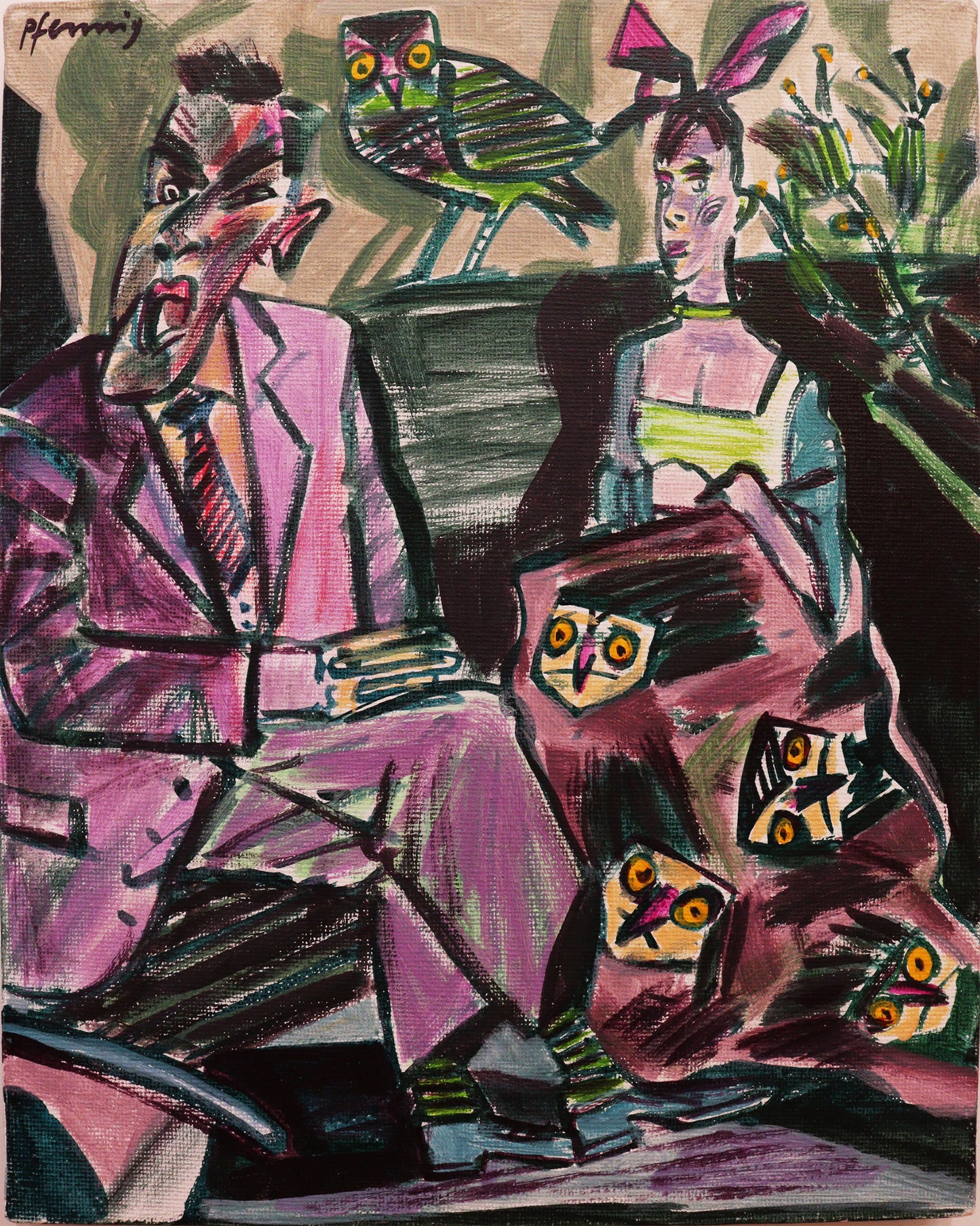 Original Acryl-Malerei, Gemälde von Wolf-Dieter-Pfennig, expressive Darstellung eines Mannes im Anzug und einer Frau im Kleid, beide sitzend. Hinter den beiden ein Vogel und auf dem Kleid der Frau Vogelgesichter. Abstrakter Hintergrund - Acryl auf Leinwand, erhältlich bei Galerie Waldbach -  What The Artist Made