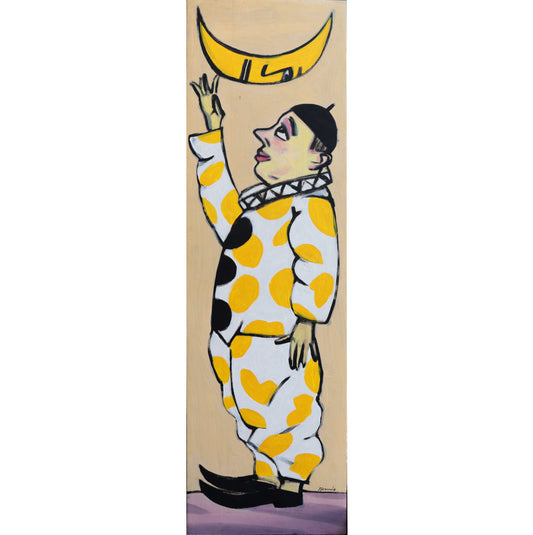 Original Acryl-Malerei, Gemälde von Wolf-Dieter-Pfennig, Titel „Der Clown“ – expressive Darstellung einer Figur in weißem, gelbgepunkteten Kostüm, die Hand zu einem Sichelmond mit Gesicht streckend. Acryl auf Leinwand, erhältlich bei Galerie Waldbach- What The Artist Made