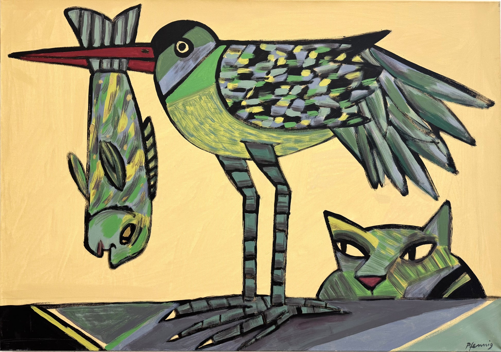 Original Acryl-Malerei, Gemälde von Wolf-Dieter-Pfennig, Titel „Eine Variante von Trunkenheit“ – expressive Darstellung eines Vogels mit Fisch im Schnabel, dahinter eine Katze angedeutet, in Schwarz, Grau und Grün, Hintergrund goldfarben, Acryl auf Leinwand, erhältlich bei What The Artist Made