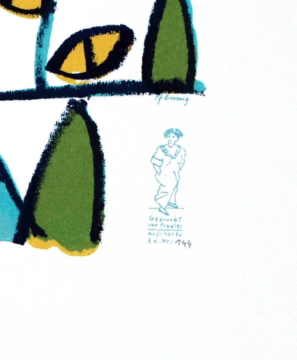 Detailaufnahme der Signatur Trodler vom Druck "Katzenaugen in Sanssouci" von Wolf-Dieter Pfennig,  Signatur von Trodler "Gedruckt von Trodler. Aufl. 150 Exemplare, Ex. Nr. (variabel)" erhältlich bei What The Artist Made