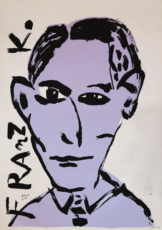 Druck Edition Trodler, von Wolf-Dieter Pfennig, Titel „Franz K.“ – expressives Porträt von Franz Kafka, hellviolett und schwarz, mit Vignette von Trodler und Exemplar-Nummer, erhältlich bei Galerie Waldbach - What The Artist Made