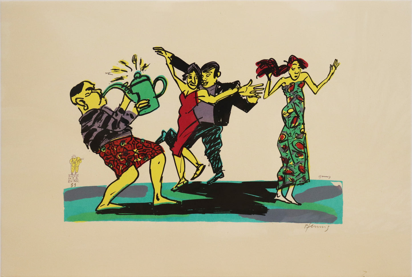 Druck Edition Trodler, von Wolf-Dieter Pfennig, "Gartenfest" – expressive  Darstellung einer Gruppe von Personen, tanzend. Eine Person nutzt eine Gießkanne als Instrument, ein Paar tanzt und eine Frau allein. Unten links Vignette Edition Trodler. Erhältlich bei Galerie Waldbach - What The Artist Made 