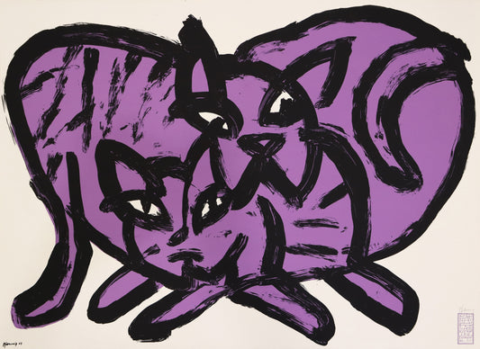 Druck Edition Trodler, von Wolf-Dieter Pfennig, Titel „Katzen, violett“ – expressives Porträt von zwei Katzen, violett und schwarz, unten links gedruckte Signatur Pfennig, unten rechts Original Signatur Pfennig, Signatur Trodler, erhältlich bei Galerie Waldbach - What The Artist Made 