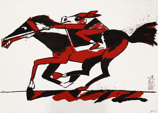 Druck Edition Trodler, von Wolf-Dieter Pfennig, Titel „Pferd und Reiter“ – expressives Porträt von Reiter und Pferd - Reiter hat einen Pferdekopf, rot und schwarz, unten rechts Original Signatur Pfennig, gedruckte Signatur Trodler und Pfennig, erhältlich bei Galerie Waldbach - What The Artist Made 