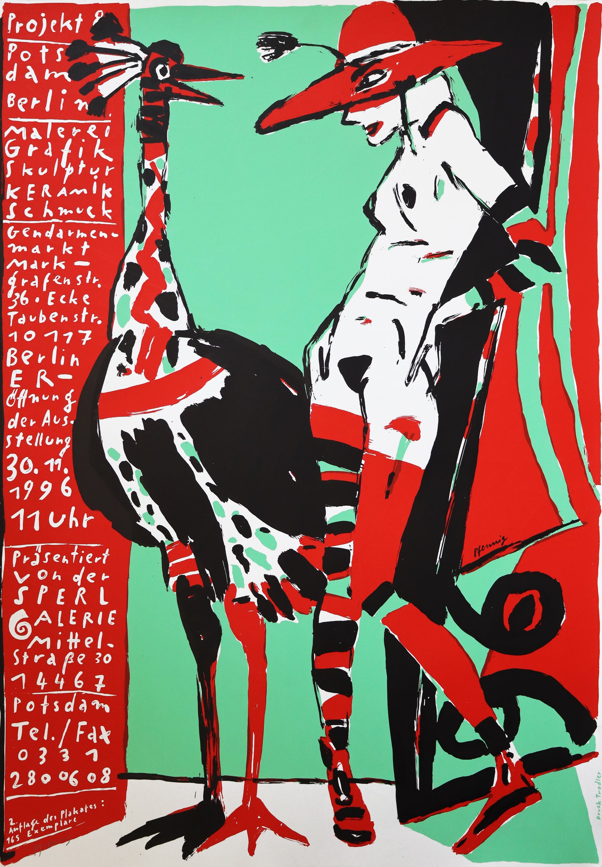 Druck Edition Trodler, von Wolf-Dieter Pfennig, Titel „Projekt 8“ – expressives Porträt von Frau als Akt mit großem Pfau neben ihr, links am Bildrand Informationen zu Projekt 8 von der Sperl Galerie, rot, Grün und schwarz, erhältlich bei Galerie Waldbach - What The Artist Made 