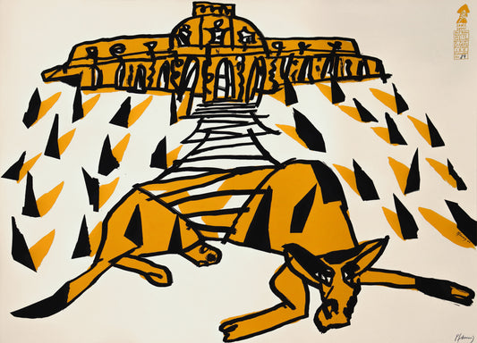 Druck Edition Trodler, von Wolf-Dieter Pfennig, Titel „Sanssouci“ – expressives Porträt von Schloss Sanssouci mit Kuh im Vordergrund, gelb-orange und schwarz, mit Vignette von Trodler und Exemplar-Nummer, signiert, erhältlich bei Galerie Waldbach - What The Artist Made