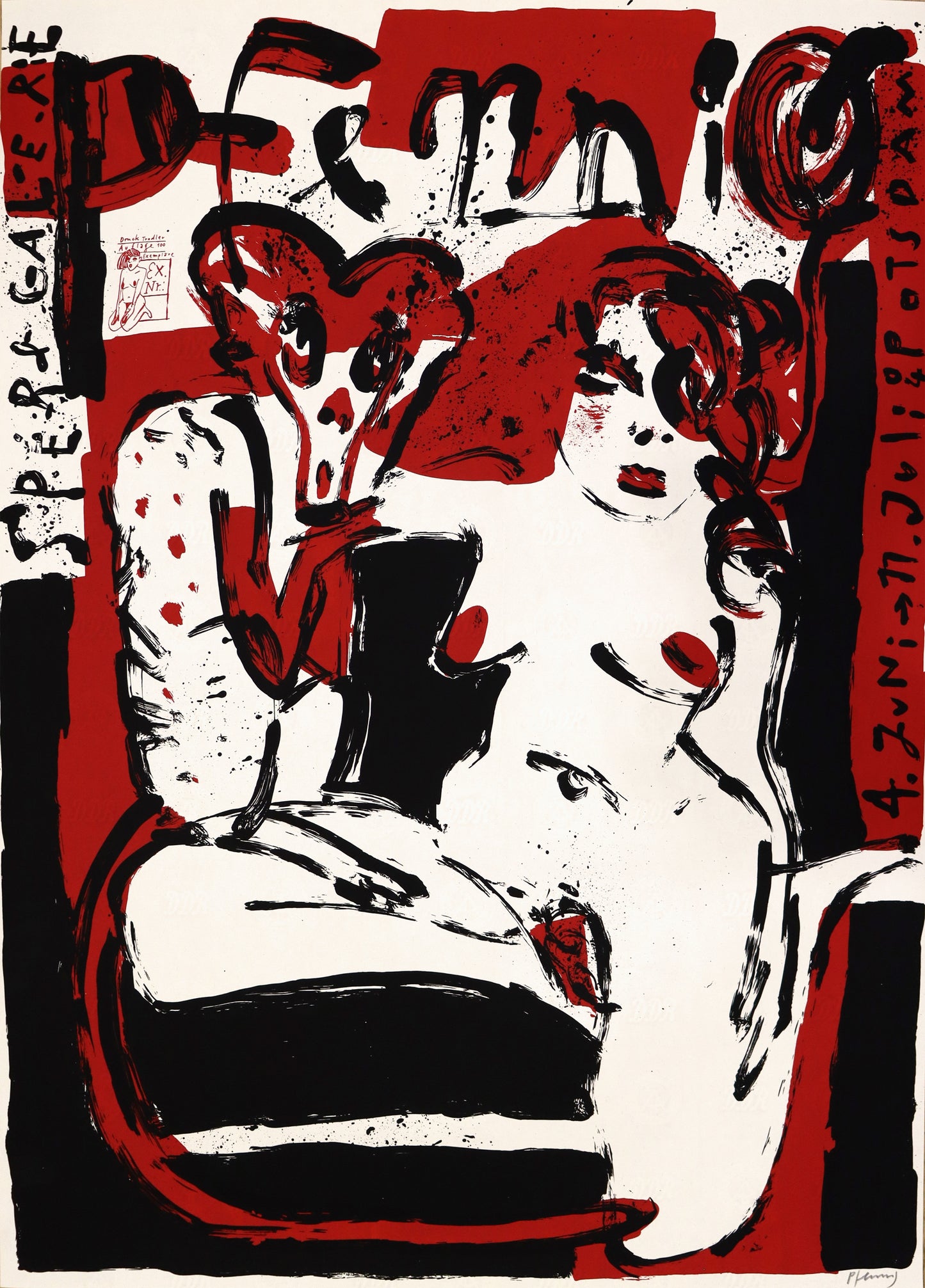 Druck Edition Trodler, von Wolf-Dieter Pfennig, Titel „Sperlgalerie“ – expressives Porträt einer Frau als sitzender Akt und Affe, umgeben von Schrift „Pfennig“, „Sperl-Galerie“ „4.Juni-11.Juli Potsdam, Ausstellungs-Druck, rot und schwarz, mit Vignette von Trodler, erhältlich bei Galerie Waldbach - What The Artist Made