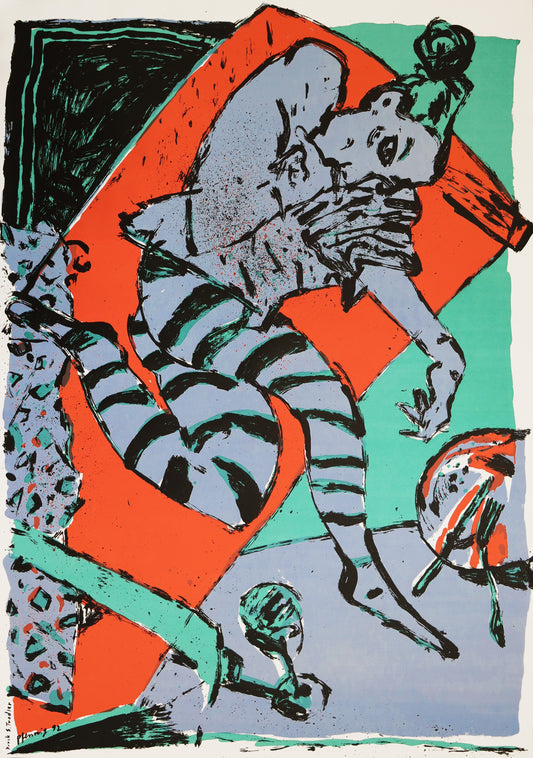 Druck Edition Trodler, von Wolf-Dieter Pfennig, Titel „Teller und Weinglas“ – expressives Porträt einer Frau liegend, mit Teller und Glas, unten am Bildrand gedruckte Signatur Pfennig und Trodler,  orange, helles Grün, blasses  Violett und schwarz, erhältlich bei Galerie Waldbach - What The Artist Made 