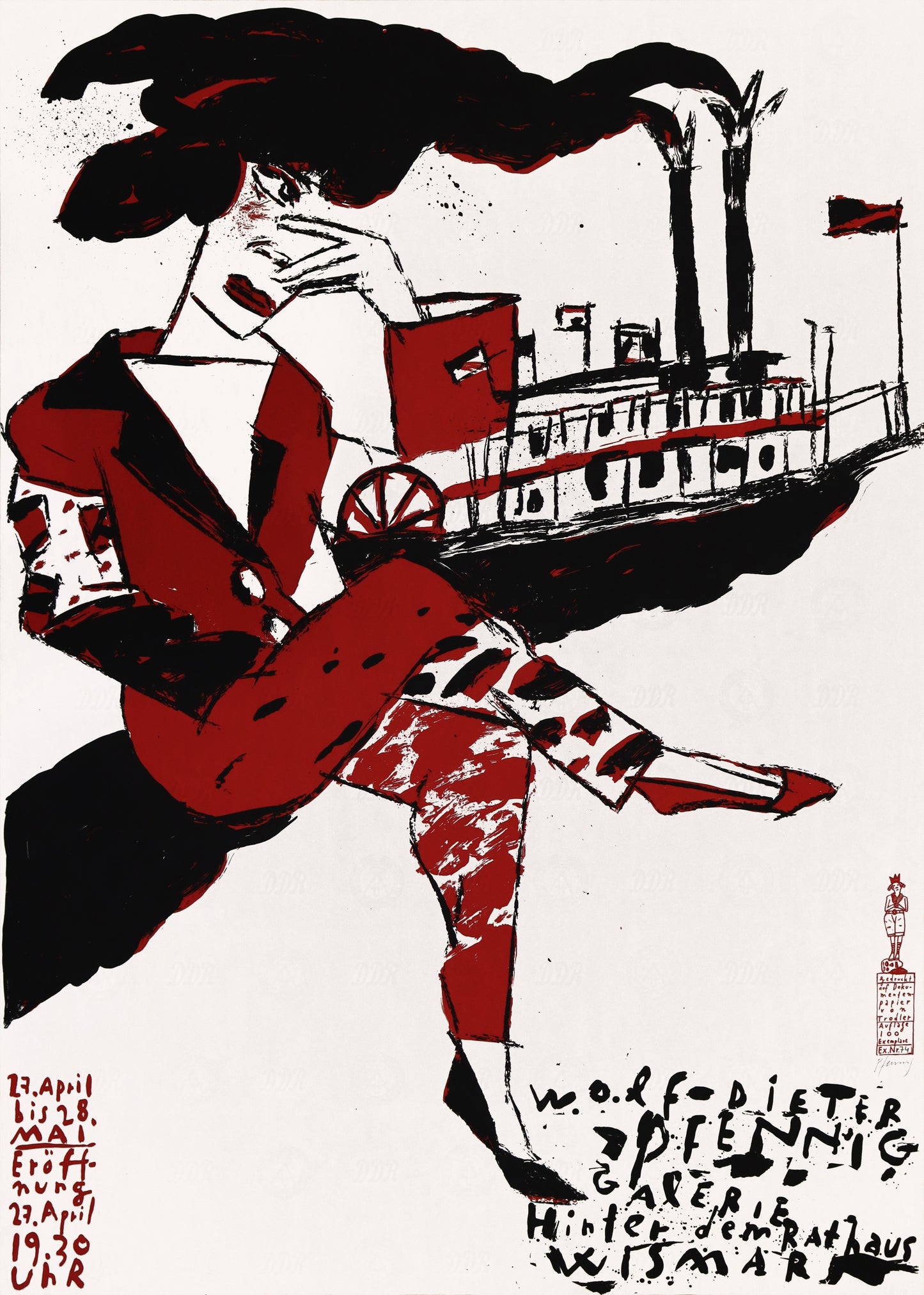 Druck Edition Trodler, von Wolf-Dieter Pfennig, Titel „Wismar, New Orleans“ – expressives Porträt einer Frau im Anzug, im Hintergrund Raddampfer, unten links gedruckte Daten zur Ausstellung, unten rechts "Wolf-Dieter Pfennig, Galerie Hinter dem Rathaus Wismar" rot und schwarz, unten rechts Original Signatur Pfennig, gedruckte Signatur Trodler, erhältlich bei Galerie Waldbach - What The Artist Made 
