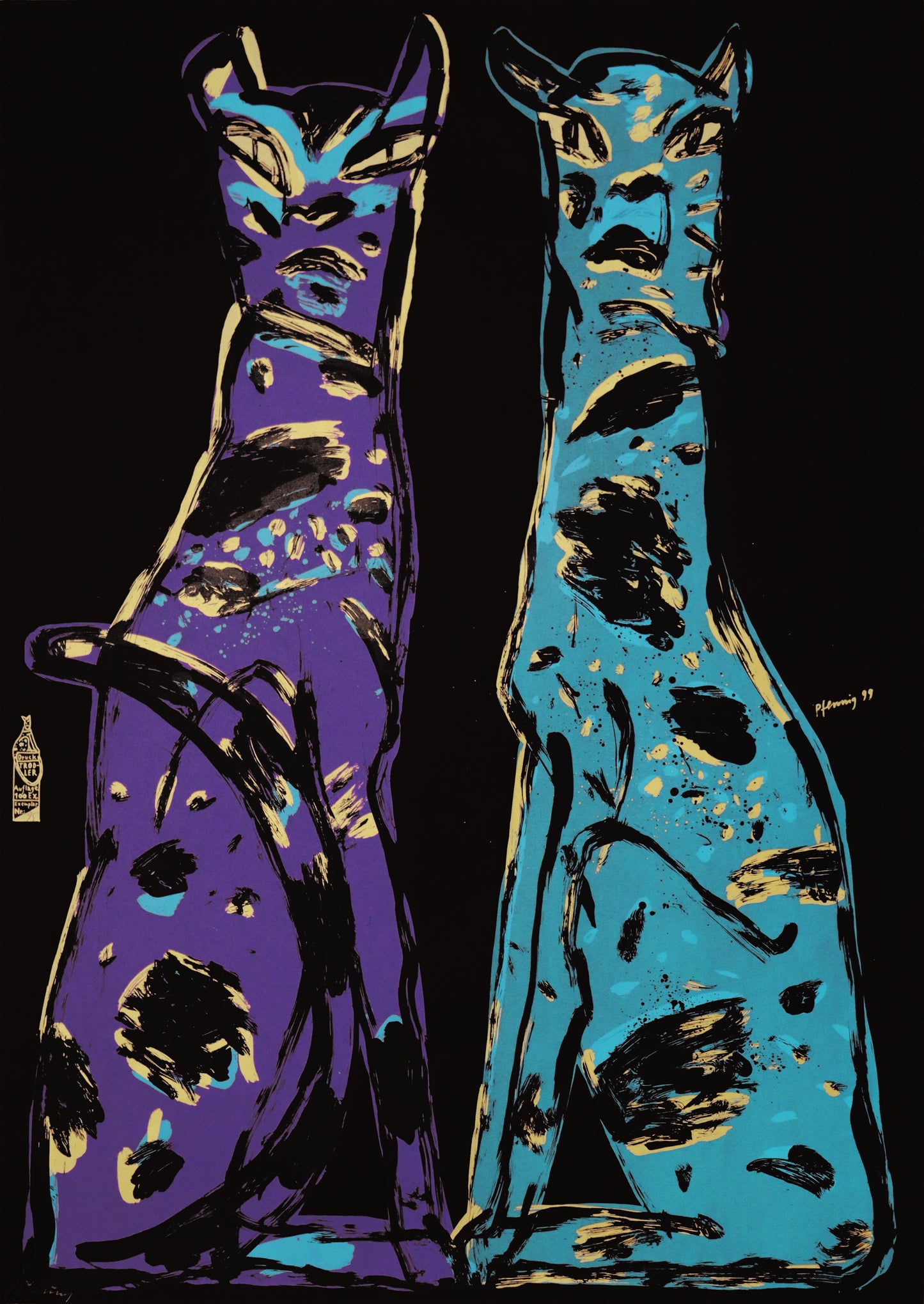 Druck Edition Trodler, von Wolf-Dieter Pfennig, Titel „Zwei Katzen“ – expressives Porträt von zwei aufrecht sitzenden Katzen auf schwarzem Papier, links am Bildrand gedruckte Vignette Trodler,  violett, Grün und schwarz, erhältlich bei Galerie Waldbach - What The Artist Made 