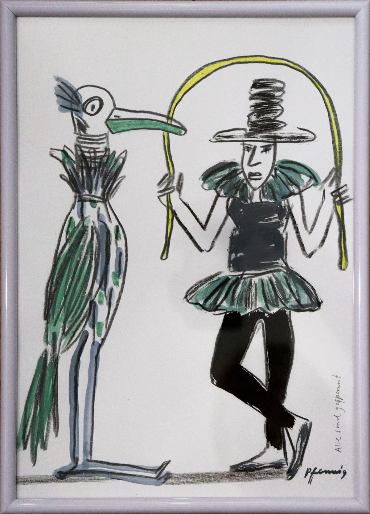 Original Mixed-Media-Malerei von Wolf-Dieter-Pfennig, Titel „Alle sind gespannt“  – expressive Darstellung einer Frau im Artistik-Kleid, die ein Seil über ihrem Kopf schwingt und neben ihr stehend ein großer Vogel. Mixed Media auf Papier, signiert, erhältlich bei Galerie Waldbach, What the Artist Made