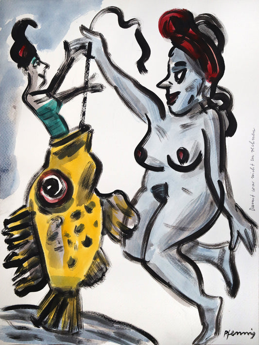 Original Mixed-Media-Malerei von Wolf-Dieter-Pfennig, Titel „Damit  war nicht zu rechnen“  – expressive Darstellung einer Frau als Akt. Sie hält einen großen gelben Fisch an der Angelschnur hoch. Aus dem geöffneten Maul erhebt sich ebenfalls eine Frau und öffnet begrüßend die Arme. Mixed Media auf Papier, signiert, erhältlich bei Galerie Waldbach, What the Artist Made