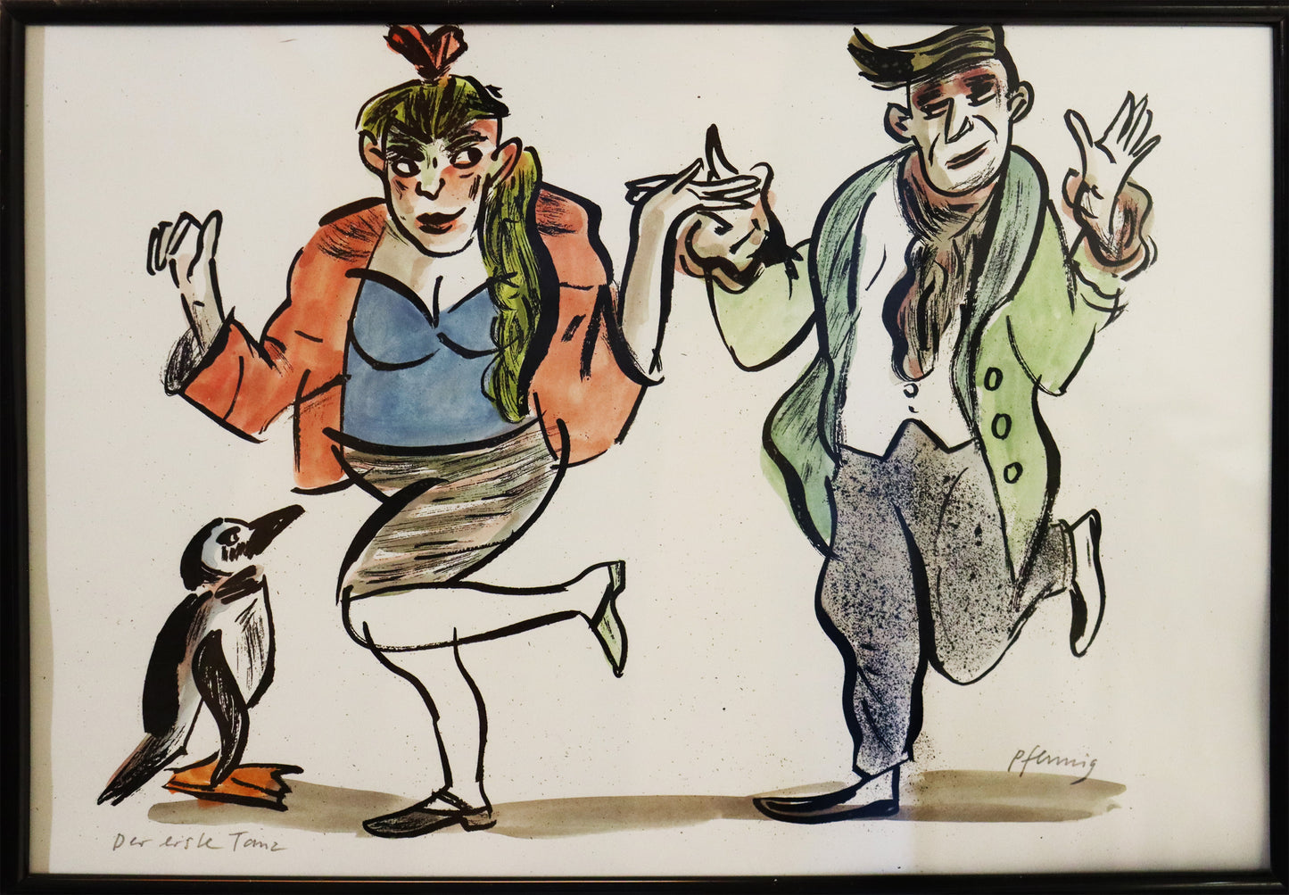 Original Mixed-Media-Malerei von Wolf-Dieter-Pfennig, Titel „Der erste Tanz“  – expressive Darstellung einer Frau und eines Mannes, beide das rechte Bein zum Tanz erhoben, von vorn dargestellt. Links neben beiden steht ein Pinguin. Mixed Media auf Papier, signiert, erhältlich bei Galerie Waldbach, What the Artist Made