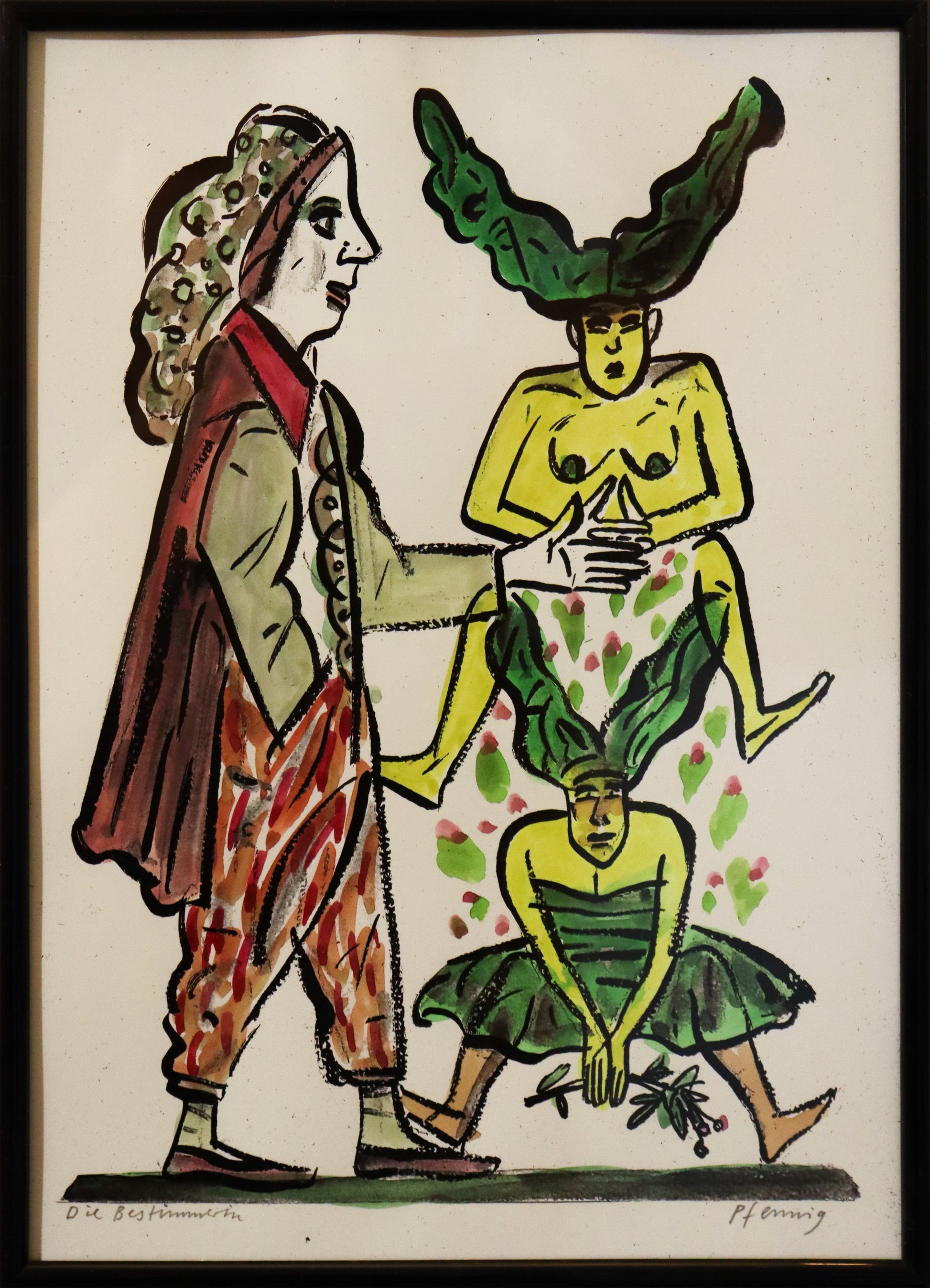 Original Mixed-Media-Malerei von Wolf-Dieter-Pfennig, Titel „Die Bestimmerin“  – expressive Darstellung einer Person, seitlich stehend, eine Hand in den Taschen, die andere ausgestreckt. Dahinter zwei Frauen in grün/gelb, eine im Kleid mit wehenden Haaren, darüber eine ähnliche Frau, unbekleidet. Mixed Media auf Papier, signiert, erhältlich bei Galerie Waldbach, What the Artist Made