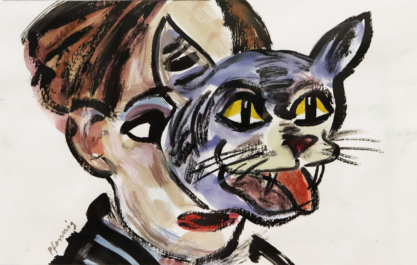 Original Mixed-Media-Malerei von Wolf-Dieter-Pfennig, Titel  „Die Philosophie ist eigentlich dazu da, das einzulösen, was im Blick eines Tieres liegt. Adorno“  – Detailansicht des Werks. Mixed Media auf Papier, signiert, erhältlich bei Galerie Waldbach, What the Artist Made