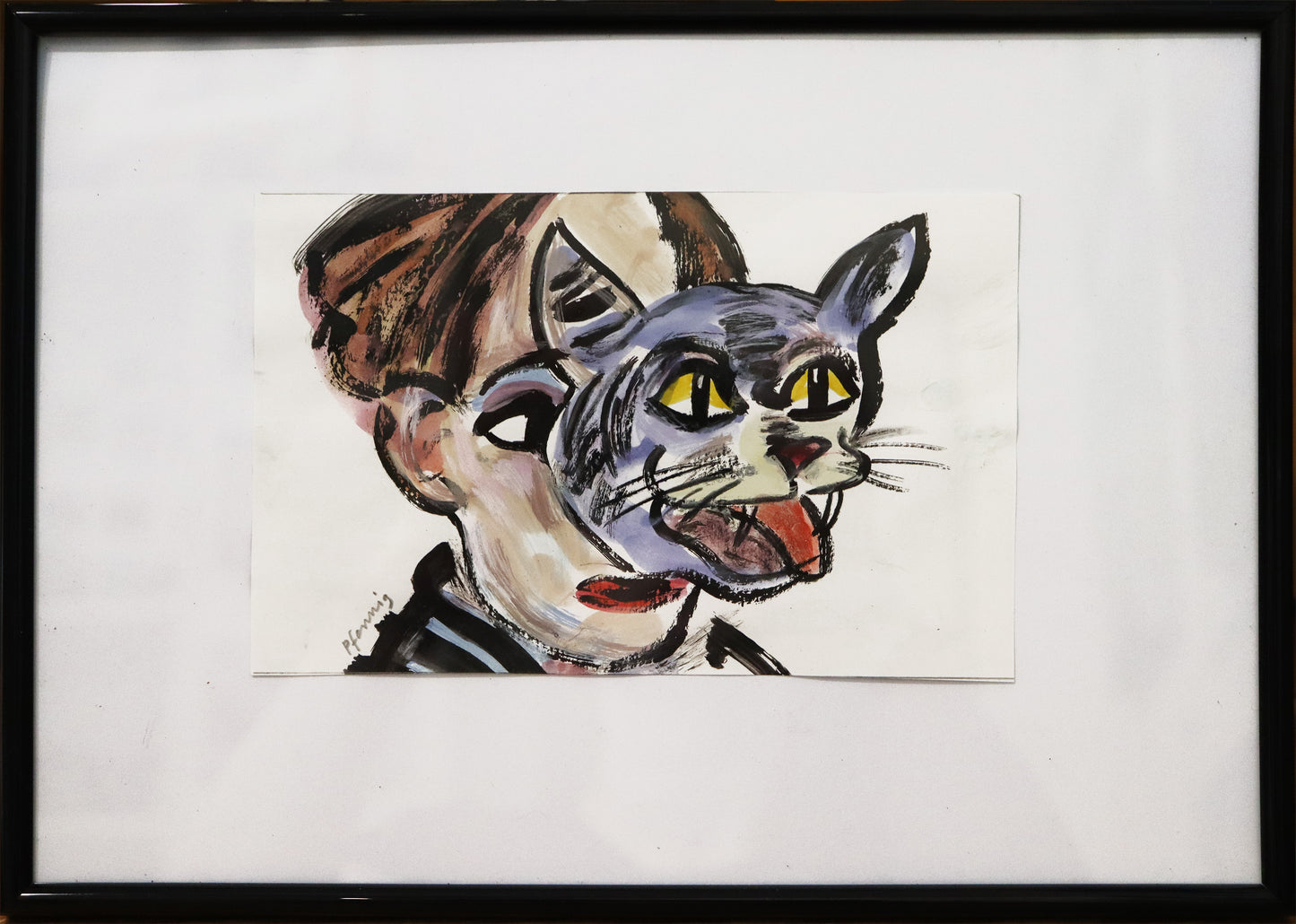 Original Mixed-Media-Malerei von Wolf-Dieter-Pfennig, Titel  „Die Philosophie ist eigentlich dazu da, das einzulösen, was im Blick eines Tieres liegt. Adorno“ – expressive Darstellung eines Porträts einer Person, der größte Teil des Gesichts ist verborgen hinter einem Katzenkopf, der die Zunge herausstreckt. In Blauviolett (Katzenkopf) und Braun/Beigetönen; im schwarzen Rahmen. Mixed Media auf Papier, signiert, erhältlich bei Galerie Waldbach, What the Artist Made