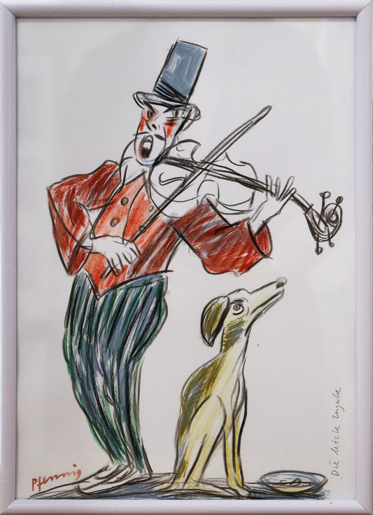 Original Mixed-Media-Malerei von Wolf-Dieter-Pfennig, Titel „Die letzte Zugabe“  – expressive Darstellung eines Geigenspielers mit Zylinder. Neben ihm ein Hund und ein Teller mit Münzen. Mixed Media auf Papier, signiert, erhältlich bei Galerie Waldbach, What the Artist Made