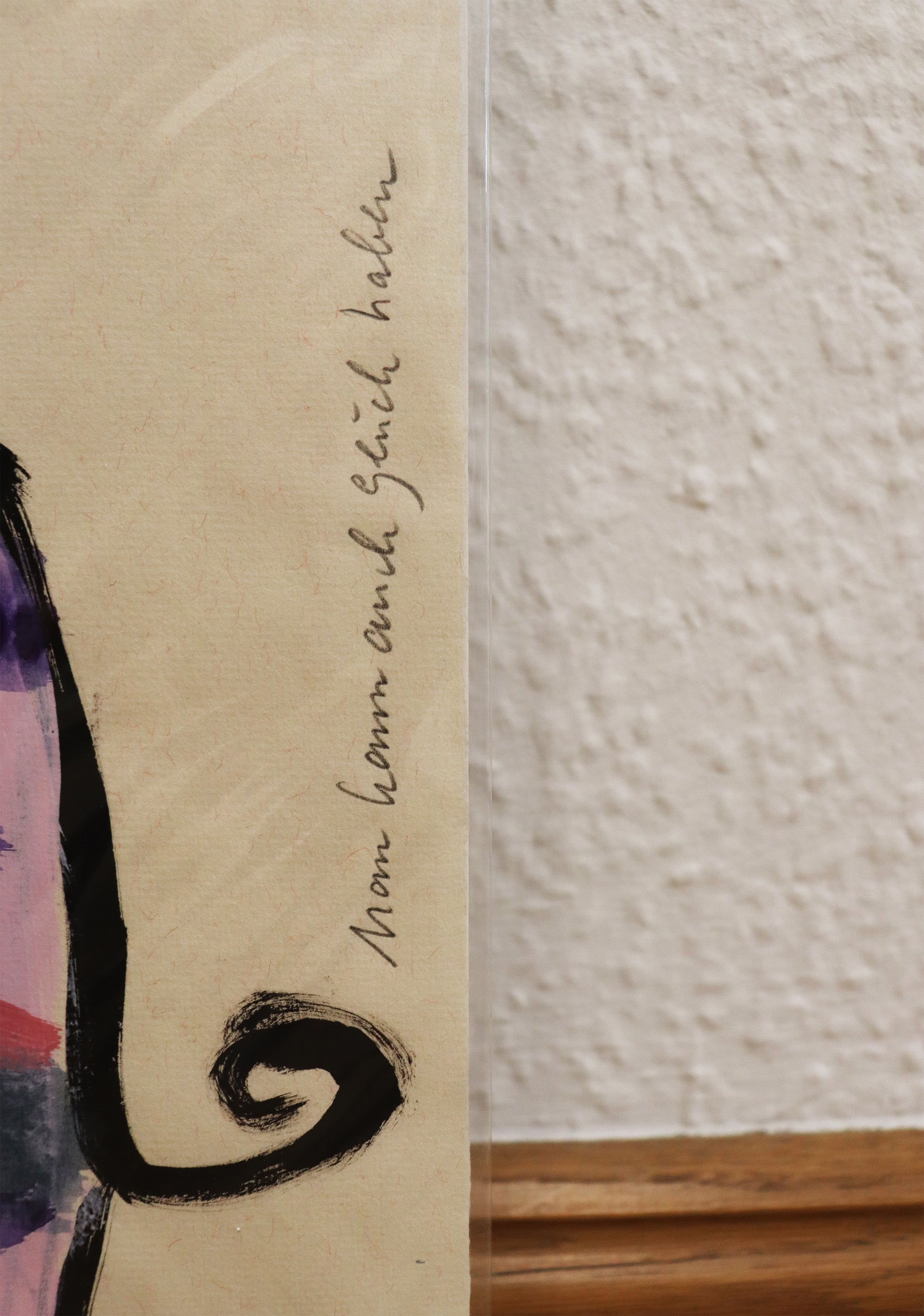 Original Mixed-Media-Malerei von Wolf-Dieter-Pfennig, Titel: „Man kann auch Glück haben“ – Detailaufnahme des Bildtitels, rechts an der Seite stehend.  Mixed Media auf Papier, signiert, erhältlich bei Galerie Waldbach - What The Artist Made