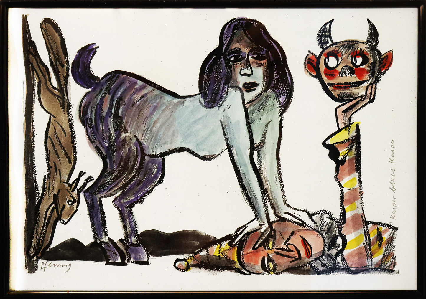 Original Mixed-Media-Malerei von Wolf-Dieter-Pfennig, Titel „Kasper bleibt Kasper“  – expressive Darstellung eines Mischwesens aus Frau und den Hnterbeinen einer Ziege, sich auf dem Kopf eines liegenden Kaspers stützend. Dieser hält eine Teufelsmaske hoch, am linken Bildrand ein Eichhörnchen. Mixed Media auf Papier, signiert, erhältlich bei Galerie Waldbach, What the Artist Made