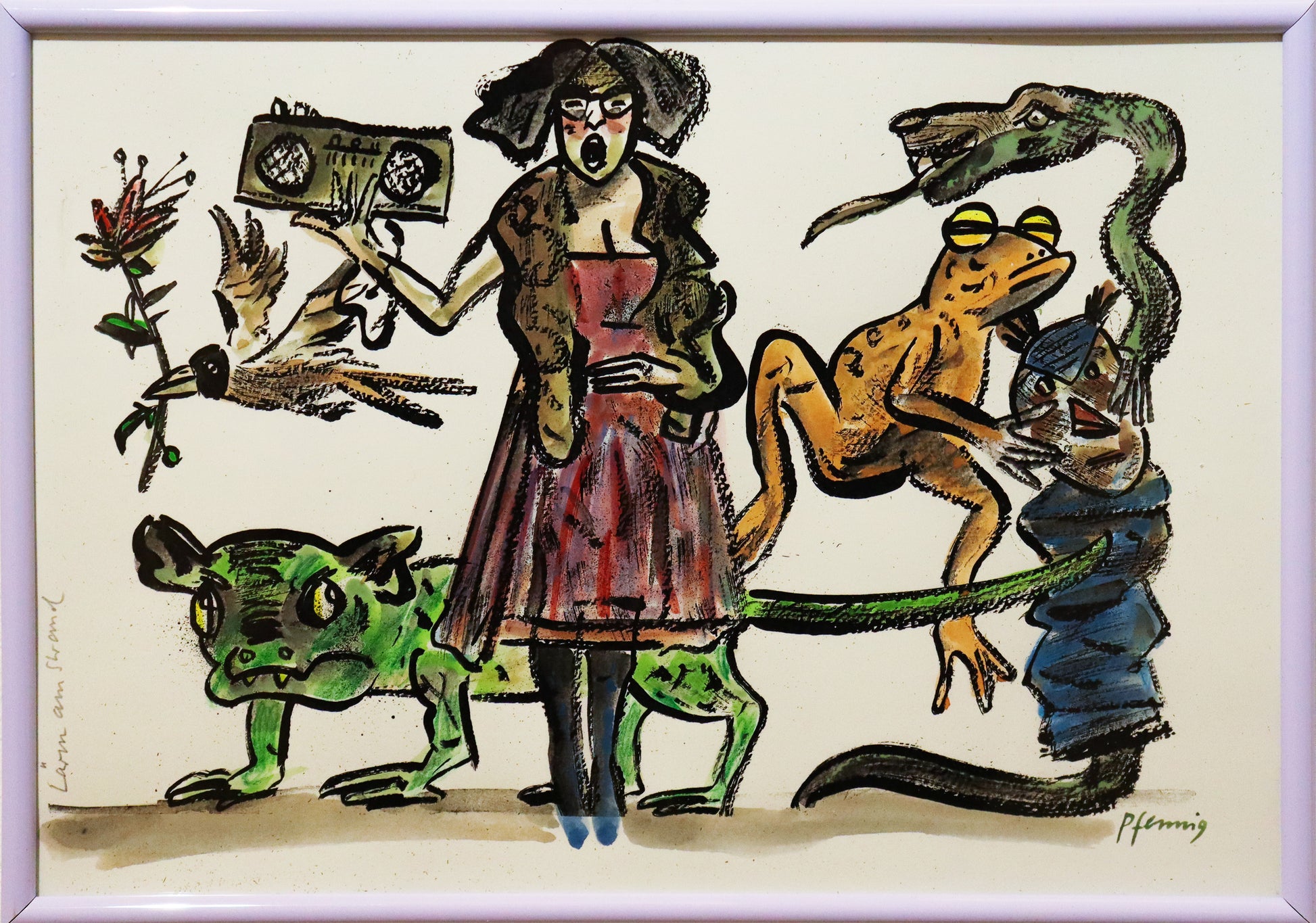 Original Mixed-Media-Malerei von Wolf-Dieter-Pfennig, Titel „Lärm am Strand“  – expressive Darstellung einer Frau im Kleid, stehend und singend, mit einem Radio in der Hand. Hinter ihr verschiedene Tiere und Fabelfiguren, sowie ein Vogel mit Blume im Schnabel. Mixed Media auf Papier, signiert, erhältlich bei Galerie Waldbach, What the Artist Made