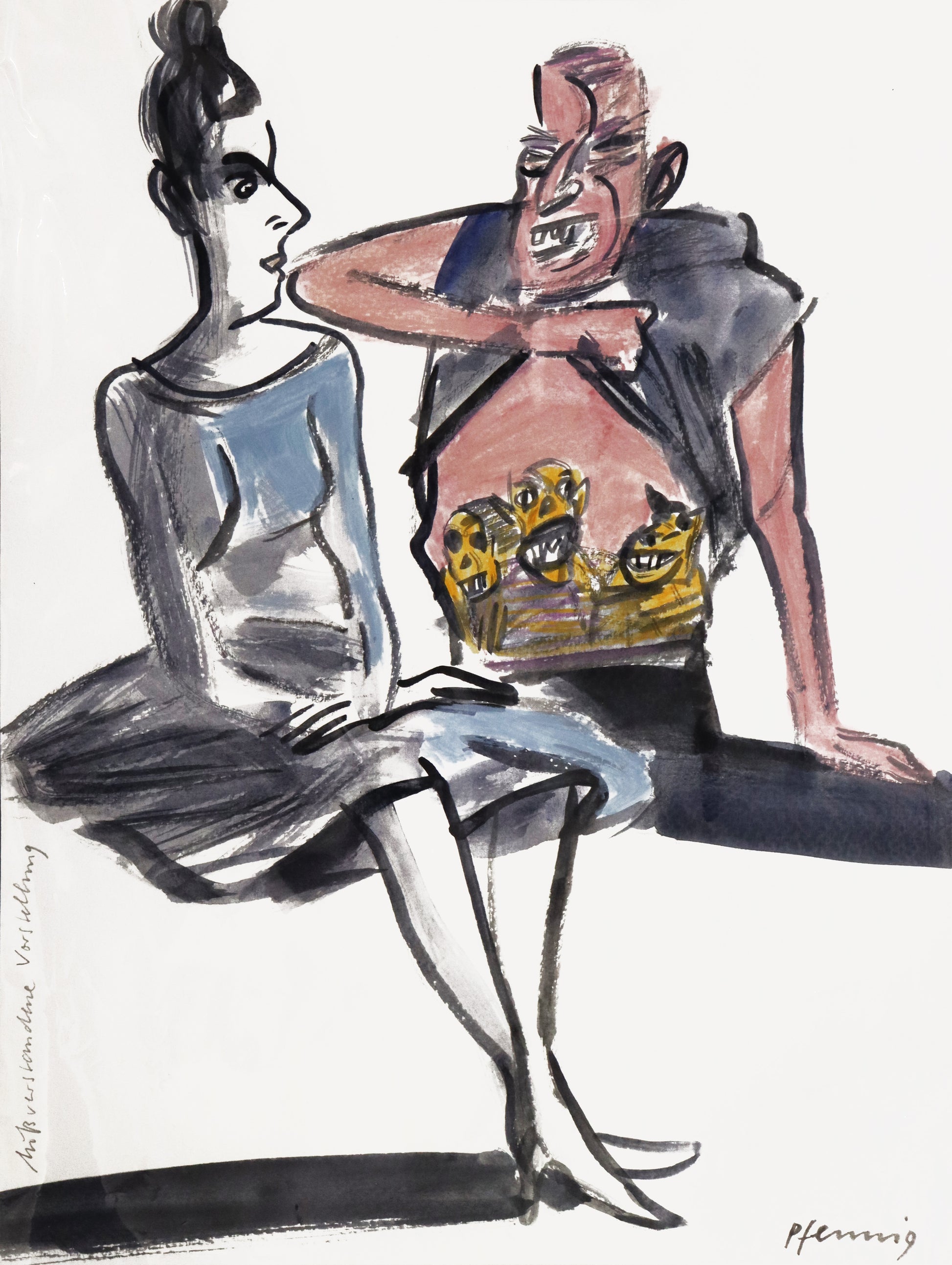 Original Mixed-Media-Malerei von Wolf-Dieter-Pfennig, Titel: „Missverstandene Vorstellung“– expressive Darstellung einer Frau im Kleid und Dutt, rechts daneben ein  Mann, der sein Oberteil hebt und ihr grinsend seine Bauchtattos zeigt.  Mixed Media auf Papier, signiert, erhältlich bei Galerie Waldbach - What The Artist Made