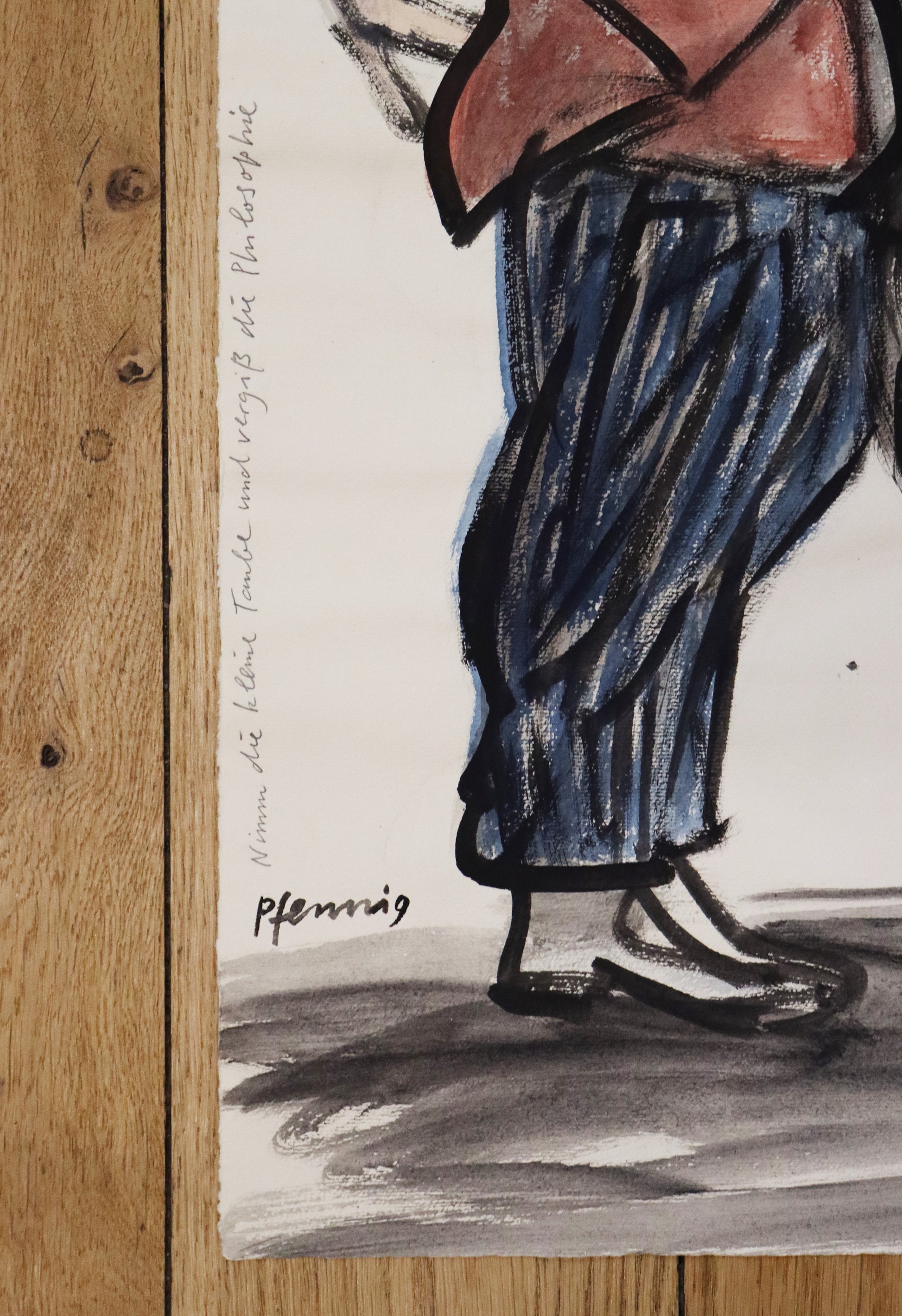 Original Mixed-Media-Malerei von Wolf-Dieter-Pfennig, Titel "Nimm die kleien Taube und vergiß die Philosophie"  – Detailansicht des Titels und Signatur, aufgeschrieben am linken Bildrand. Mixed Media auf Papier, signiert, erhältlich bei Galerie Waldbach, What the Artist Made
