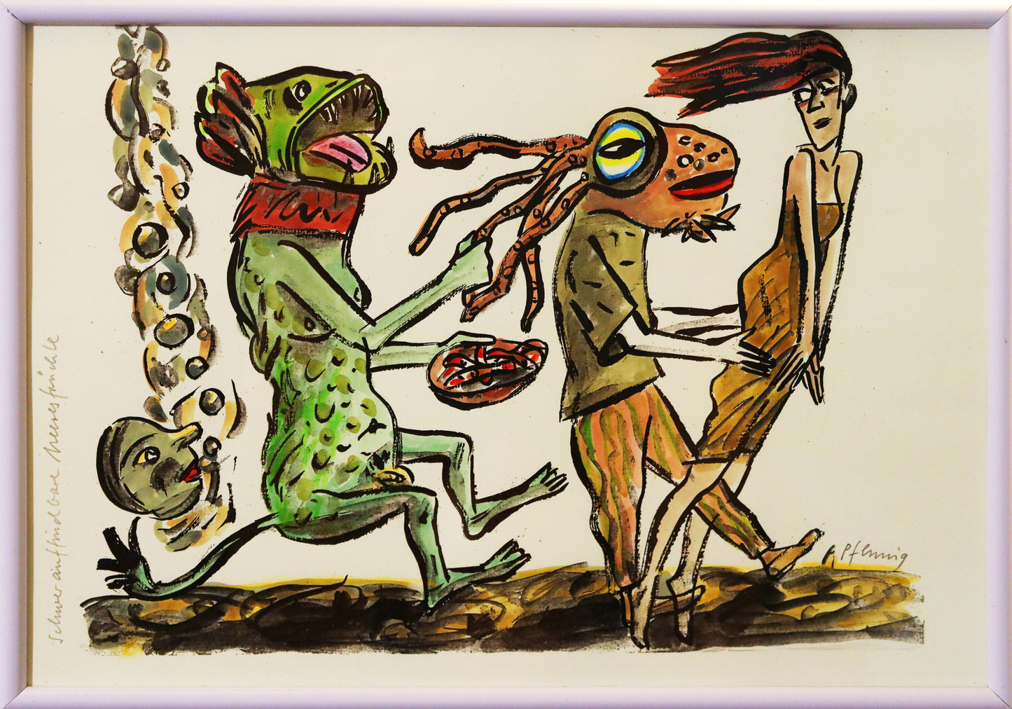 Original Mixed-Media-Malerei von Wolf-Dieter-Pfennig, Titel „Schwerauffindbare Meeresfrüchte“  – expressive Darstellung einer Frau im Kleid, in Reihe tanzend/schreitend, hinter ihr Fabelwesen, eines an ein Kappa Erinnerndes trägt einen Teller mit Fischen. Ein anderes hat einen Oktopus-Kopf. Mixed Media auf Papier, signiert, erhältlich bei Galerie Waldbach, What the Artist Made