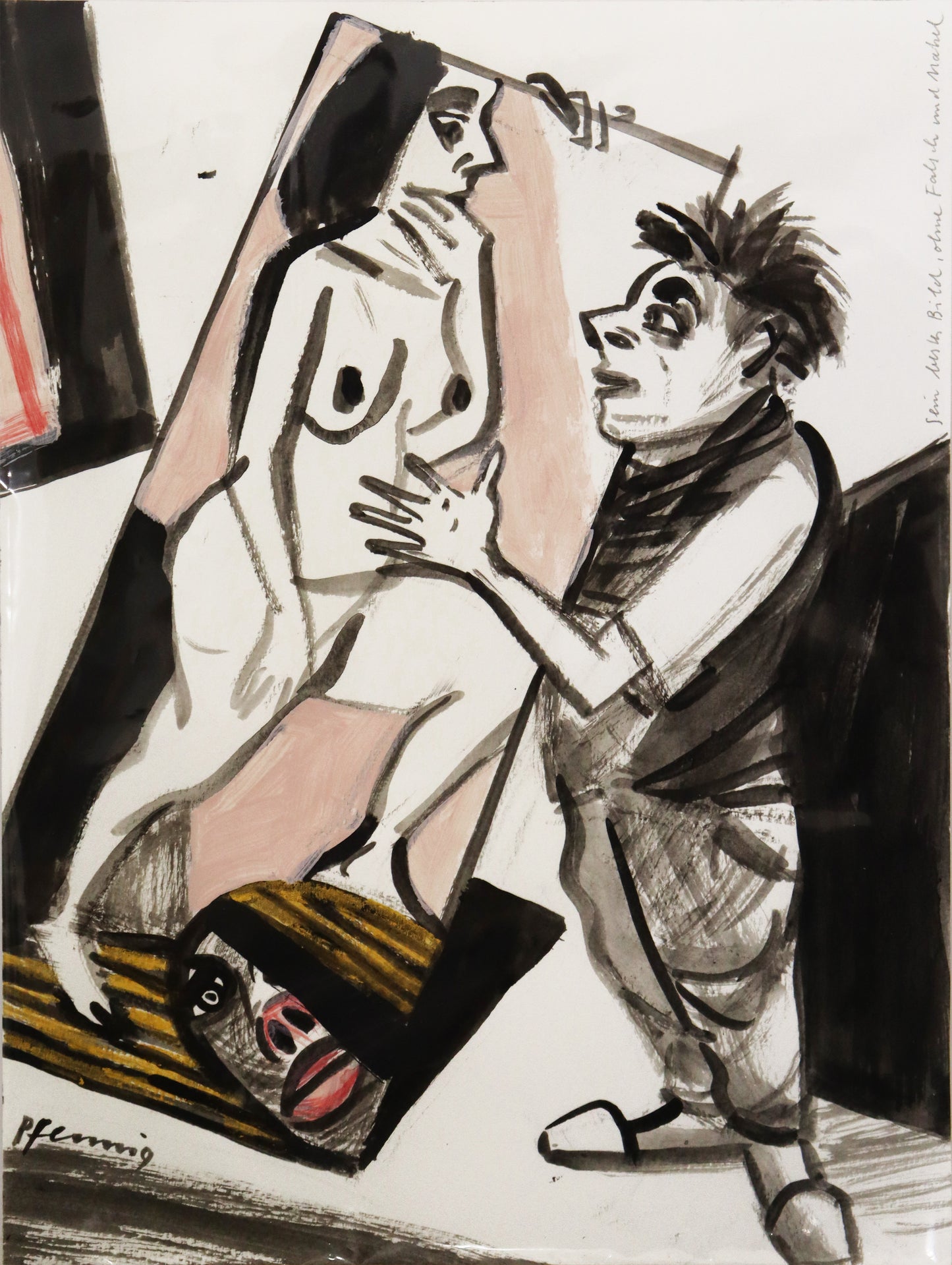 Original Mixed-Media-Malerei von Wolf-Dieter-Pfennig, Titel: „Sein bestes Bild - ohne Falsch und Makel“– expressive Darstellung eines Künstlers, sein Bild einer Frau als Akt haltend, sie blicken sich an.  Mixed Media auf Papier, signiert, erhältlich bei Galerie Waldbach - What The Artist Made