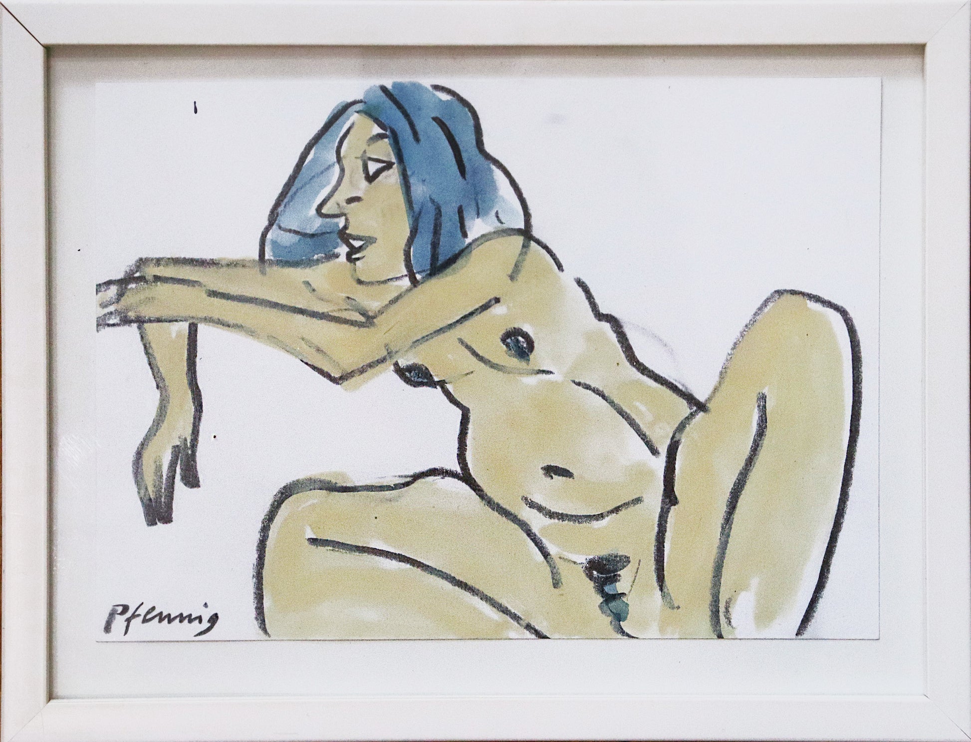 Original Mixed-Media-Malerei von Wolf-Dieter-Pfennig, ohne Titel  – expressive Darstellung einer unbekleideten Frau, in Hocke sitzend, angelehnt und den Arm zur Seite ausstreckend. Sie schaut zur Seite, das Gesicht ist im Seitenprofil. In blassen Blautönen, Gelb und schwarz. Mixed Media auf Papier, signiert, erhältlich bei Galerie Waldbach, What the Artist Made