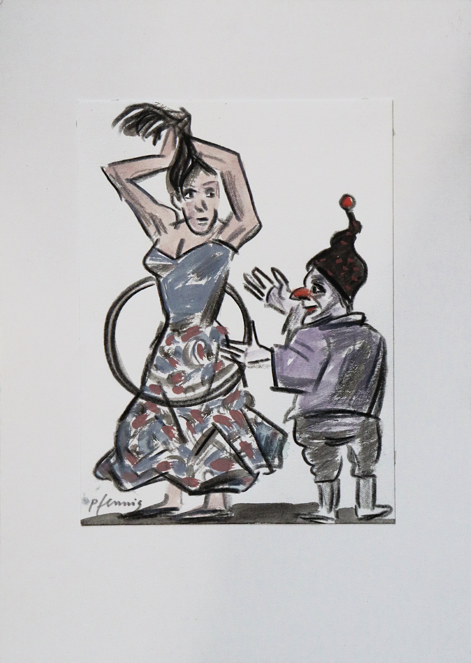 Original Mixed-Media-Malerei von Wolf-Dieter-Pfennig, ohne Titel  – expressive Darstellung einer Frau im Kleid, sie hält sich die langen Haare hoch, einen Zopf bindend. Neben ihr eine Clownsfigur, die einen Turnreifen hält, der um ihre Hüfte gelegt ist. In blassen Blauviolett-Tönen und schwarz. Mixed Media auf Papier, signiert, erhältlich bei Galerie Waldbach, What the Artist Made