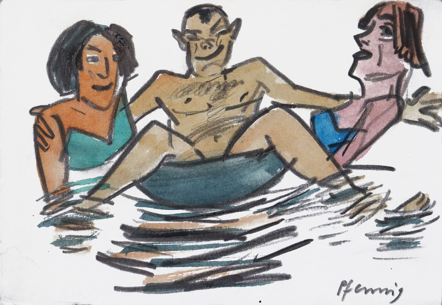 Original Mixed-Media-Malerei von Wolf-Dieter-Pfennig, ohne Titel  – expressive Darstellung eines Mannes, breitbeinig im Schwimmreifen sitzend, die Arme um zwei Frauen in Badekleidung, alle drei im Wasser. Mixed Media auf Papier, signiert, erhältlich bei Galerie Waldbach, What the Artist Made