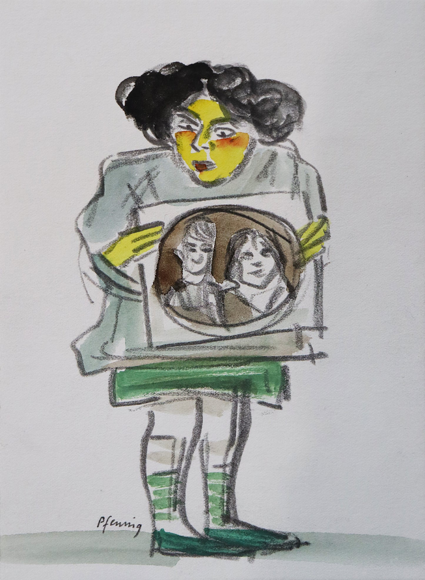 Original Mixed-Media-Malerei von Wolf-Dieter-Pfennig, ohne Titel  – expressive Darstellung einer Person/Mädchen, ein Bild vor sich haltend. Sie schaut darauf, es sind zwei Personen in einer Kreisform abgebildet, wie ein Foto. Mixed Media auf Papier, signiert, erhältlich bei Galerie Waldbach, What the Artist Made