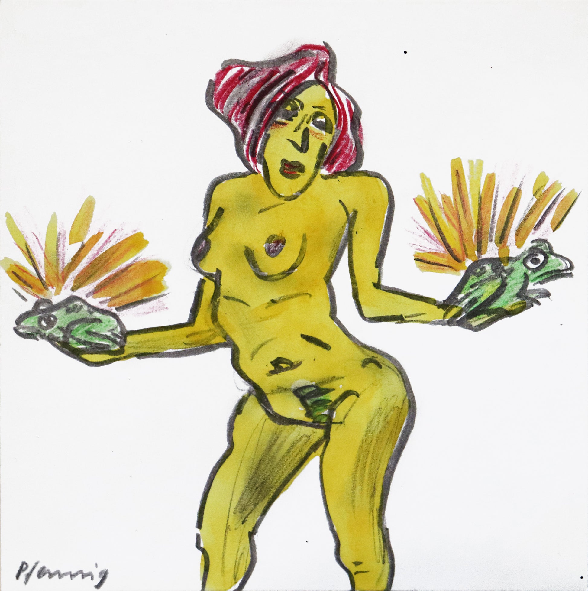 Original Mixed-Media-Malerei von Wolf-Dieter-Pfennig, ohne Titel  – expressive Darstellung einer unbekleideten rothaarigen Frau, mittig stehend, in jeder Hand einen Frosch haltend. Diese strahlen ein gelbes Licht ab. Mixed Media auf Papier, signiert, erhältlich bei Galerie Waldbach, What the Artist Made