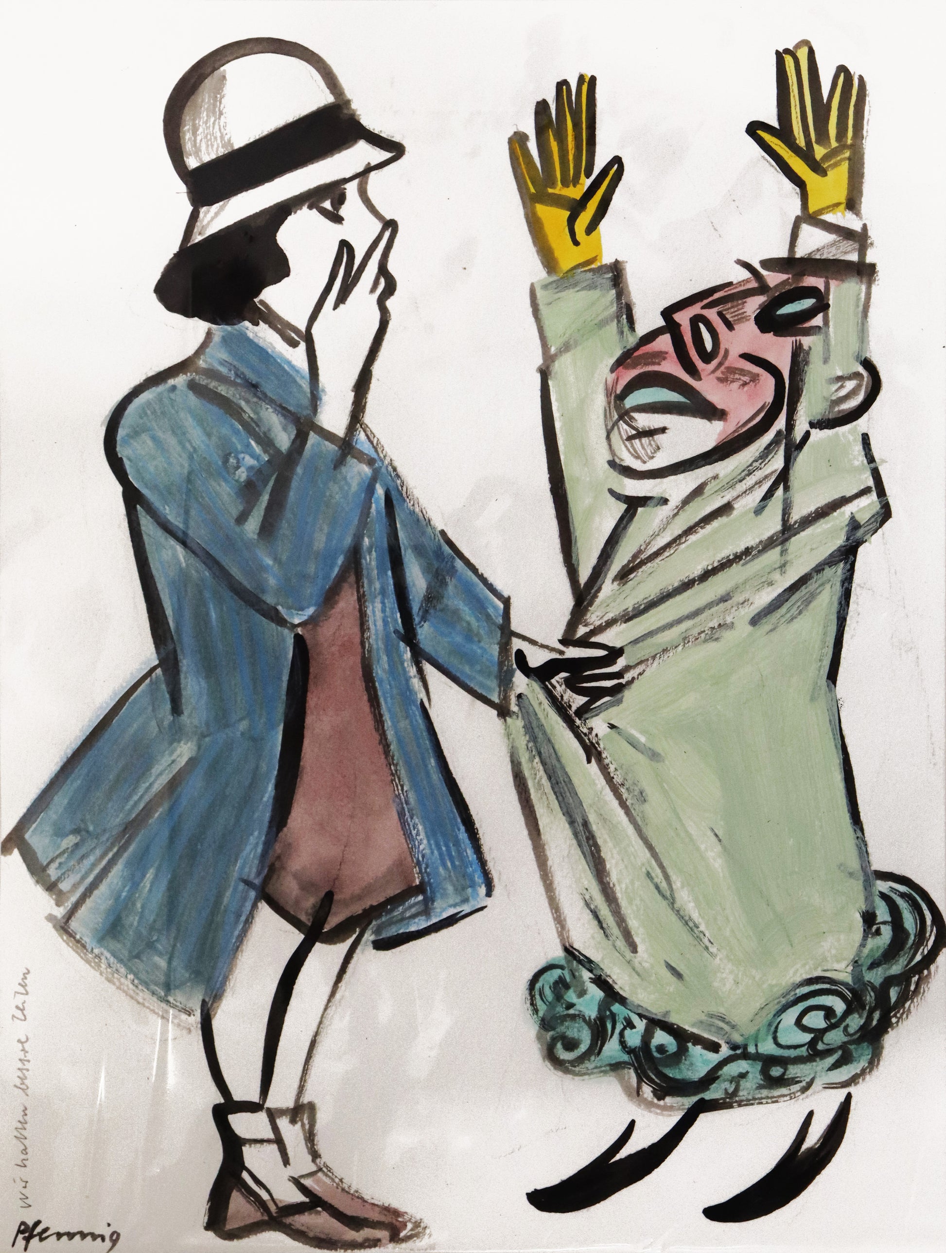 Original Mixed-Media-Malerei von Wolf-Dieter-Pfennig, Titel: „Wir hatten bessere Zeiten“– expressive Darstellung zweier Personen, die linke weiblich aussehend, die rechte im grünen Mantel, die Hände hebend. Die linke Person greift der rechten an den Mantel.  Mixed Media auf Papier, signiert, erhältlich bei Galerie Waldbach - What The Artist Made