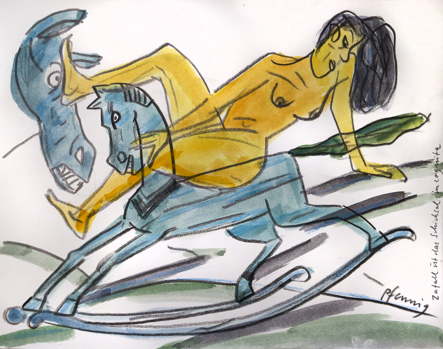 Original Mixed-Media-Malerei von Wolf-Dieter-Pfennig, Titel „Zufall ist das Schicksal incognita“  – expressive Darstellung einer Frau als Akt, auf einem Schaukelpferd sitzend, während sie sich nach hinten lehnt. Mit einem Fuß stemmt sie sich gegen einen weiteren Pferdekopf. Mixed Media auf Papier, signiert, erhältlich bei Galerie Waldbach, What the Artist Made