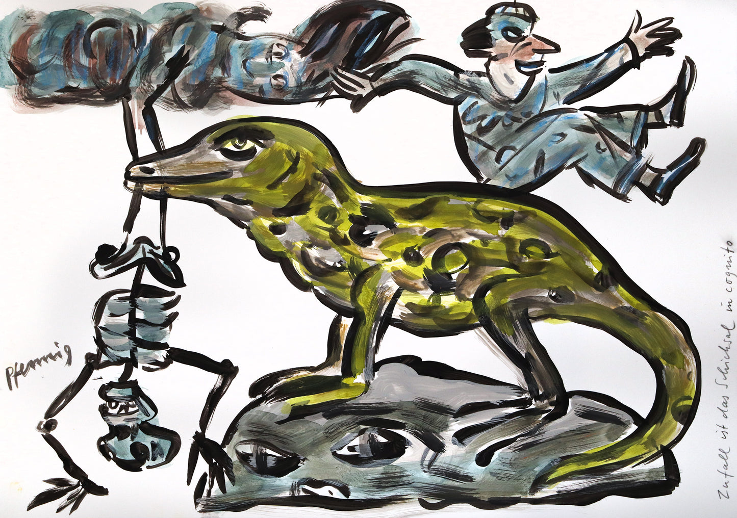 Original Mixed-Media-Malerei von Wolf-Dieter-Pfennig, Titel „Zufall ist das Schicksal incognito“  – expressive Darstellung eines echsenartigen Wesens, dass die Beine eines auf dem Kopf stehenden Skeletts im Maul hält. Auf seinem Rücken sitzt eine Person. Gesichter sind zu erkennen in der Wolke und auf dem Stein.  Mixed Media auf Papier, signiert, erhältlich bei Galerie Waldbach, What the Artist Made