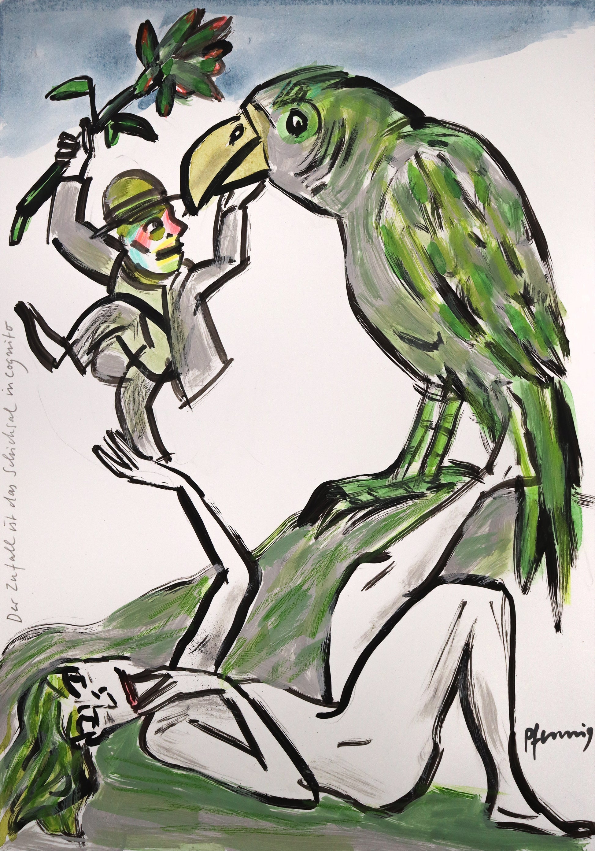 Original Mixed-Media-Malerei von Wolf-Dieter-Pfennig, Titel „Zufall ist das Schicksal incognito“  – expressive Darstellung einer Frau als Akt, auf dem Rücken im Gras liegend. Auf ihrer ausgestreckten Hand balanciert ein Mann mit Blume in einer Hand, mit der anderen streicht er einem großen Papagei über den Schnabel. Mixed Media auf Papier, signiert, erhältlich bei Galerie Waldbach, What the Artist Made