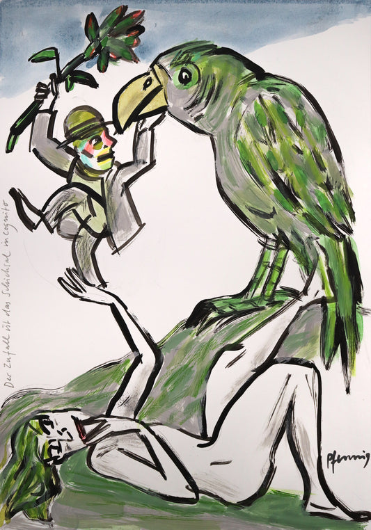 Original Mixed-Media-Malerei von Wolf-Dieter-Pfennig, Titel „Zufall ist das Schicksal incognito“  – expressive Darstellung einer Frau als Akt, auf dem Rücken im Gras liegend. Auf ihrer ausgestreckten Hand balanciert ein Mann mit Blume in einer Hand, mit der anderen streicht er einem großen Papagei über den Schnabel. Mixed Media auf Papier, signiert, erhältlich bei Galerie Waldbach, What the Artist Made