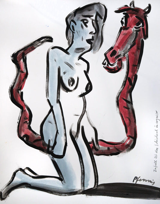 Original Mixed-Media-Malerei von Wolf-Dieter-Pfennig, Titel „Zufall ist das Schicksal incognito“  – expressive Darstellung einer Frau als Akt, sie berührt ein schlangenartiges Wesen in rot, mit Pferdekopf. Mixed Media auf Papier, signiert, erhältlich bei Galerie Waldbach, What the Artist Made