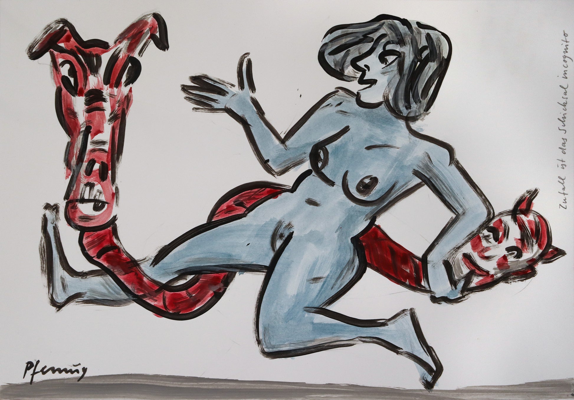 Original Mixed-Media-Malerei von Wolf-Dieter-Pfennig, Titel „Zufall ist das Schicksal incognito“  – expressive Darstellung einer Frau als Akt, auf einem Mischwesen aus Drache, Teufel und Hund sitzend. Der Blick ist offen und leicht überrascht. Mixed Media auf Papier, signiert, erhältlich bei Galerie Waldbach, What the Artist Made
