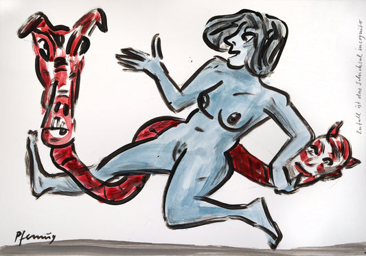 Original Mixed-Media-Malerei von Wolf-Dieter-Pfennig, Titel „Zufall ist das Schicksal incognito“  – expressive Darstellung einer Frau als Akt, auf einem Mischwesen aus Drache, Teufel und Hund sitzend. Der Blick ist offen und leicht überrascht. Mixed Media auf Papier, signiert, erhältlich bei Galerie Waldbach, What the Artist Made
