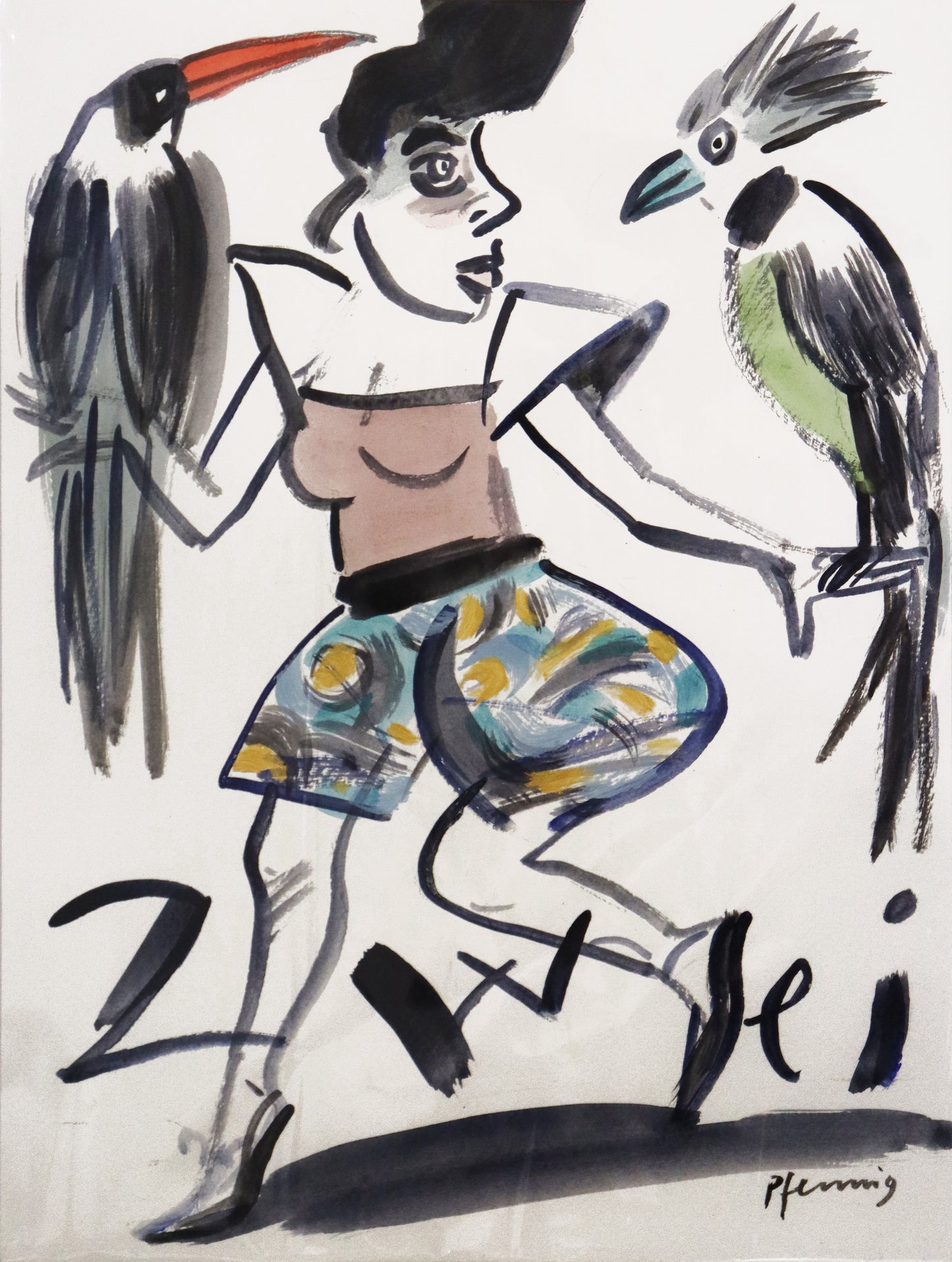 Original Mixed-Media-Malerei von Wolf-Dieter-Pfennig, Titel: „Zwei“– expressive Darstellung einer Frau, die Arme ausstreckend, stehend. Zwei große Vögel sitzen links und rechts auf ihren Händen. Zu ihren Füßen der Titel "Zwei" ausgeschrieben als Wort.  Mixed Media auf Papier, signiert, erhältlich bei Galerie Waldbach - What The Artist Made