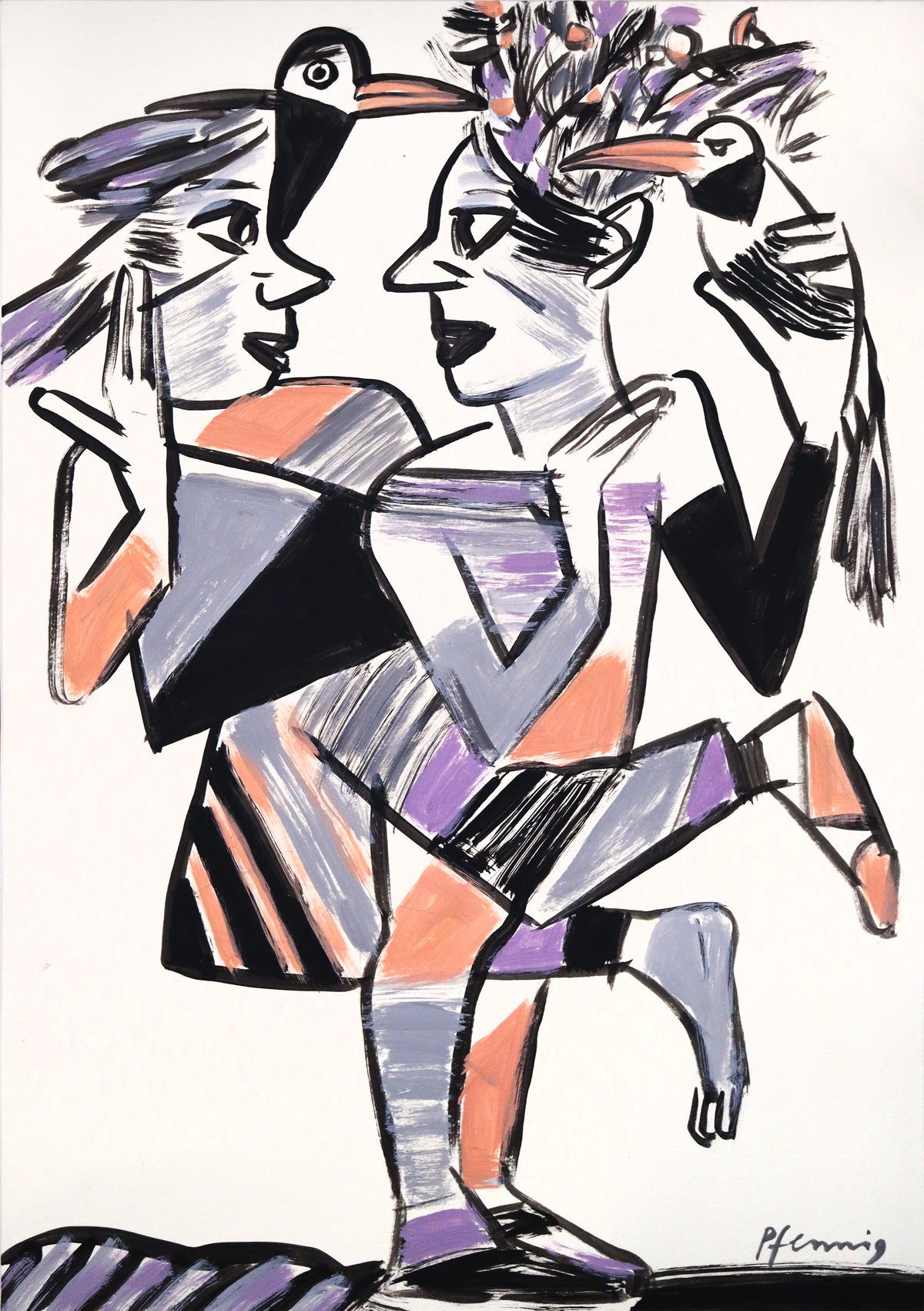 Original Mixed-Media-Malerei von Wolf-Dieter-Pfennig, ohne Titel – expressive Darstellung zweier Personen, die eine stehend. Die andere stützt sich mit verschränkten Beinen ab, beide schauen sich an. Auf beiden sitzen ebenfalls zwei Vögel. Mixed Media auf Papier, signiert, erhältlich bei Galerie Waldbach, What the Artist Made