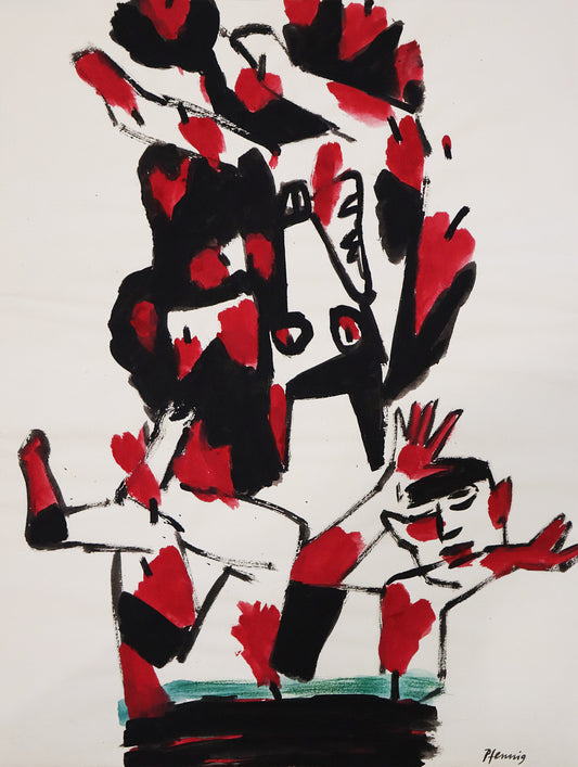 Original Mixed-Media-Malerei von Wolf-Dieter-Pfennig, ohne Titel – expressive Darstellung eines Mannes liegend, die Arme und Beine gespreizt nach oben, die Augen geschlossen. Ein Hund/Wolf  schwebt/fällt über ihm. Beide haben schwarz-rote Flecken, die Flecken sind teilweise rote Äpfel. Mixed Media auf Papier, signiert, erhältlich bei Galerie Waldbach, What the Artist Made