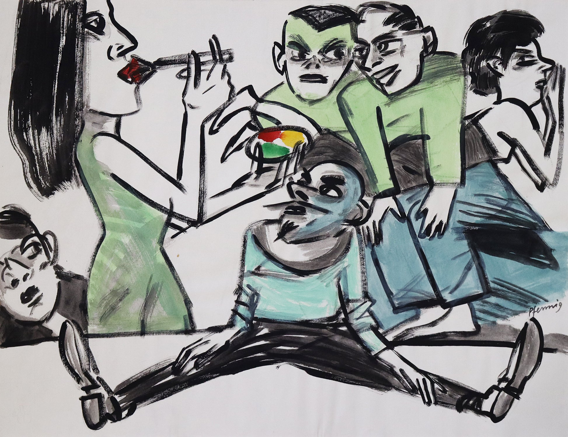 Original Mixed-Media-Malerei von Wolf-Dieter-Pfennig, ohne Titel – expressive Darstellung einer Frau, umgeben von Männern, eine zweite Frau auf den Beinen zweier  Männer liegend. Die  stehende Frau schminkt sich die Lippen.  Mixed Media auf Papier, signiert, erhältlich bei Galerie Waldbach, What the Artist Made