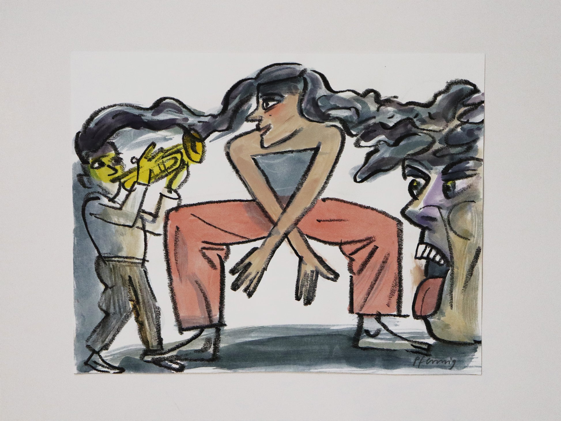 Original Mixed-Media-Malerei von Wolf-Dieter-Pfennig, ohne Titel  – expressive Darstellung einer Frau , tanzend, die Beine im rechten Winkel zur Seite gestreckt. Ihr schwarzes Haar geht links und rechts von ihr über in einen Mann, der Trompete spielt und ein großes Gesicht, mit rausgestreckter Zunge. Mixed Media auf Papier, signiert, erhältlich bei Galerie Waldbach, What the Artist Made