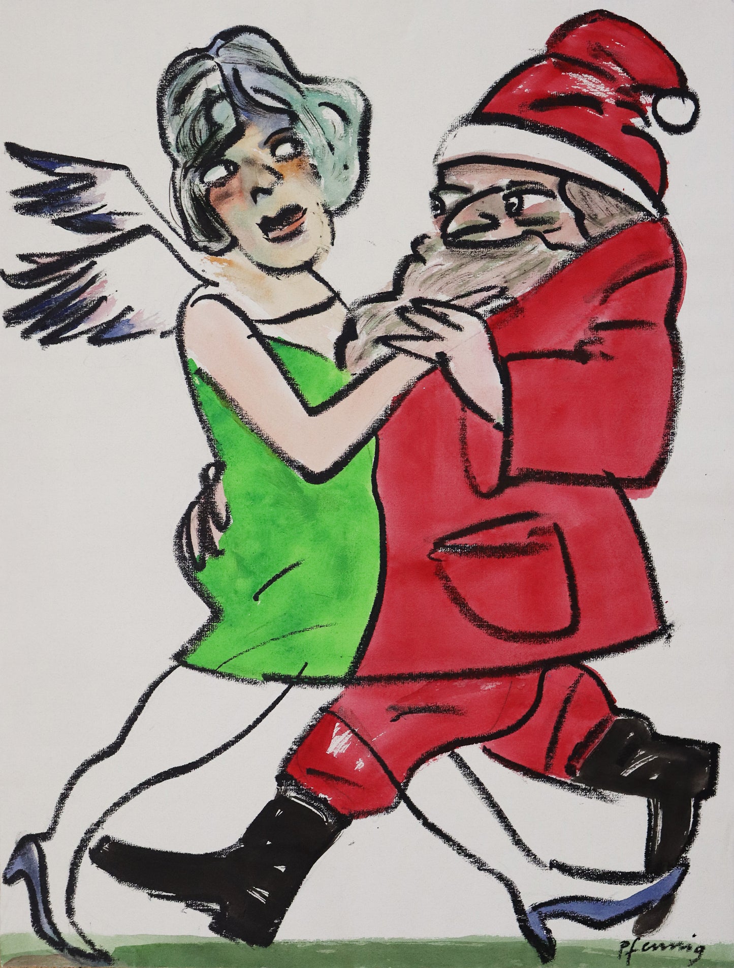Original Mixed-Media-Malerei von Wolf-Dieter-Pfennig, ohne Titel – expressive Darstellung einer Frau, Engelsflügel auf dem Rücken, tanzend mit einer Person, die gekleidet ist wie der Weihnachtsmann.  Mixed Media auf Papier, signiert, erhältlich bei Galerie Waldbach, What the Artist Made