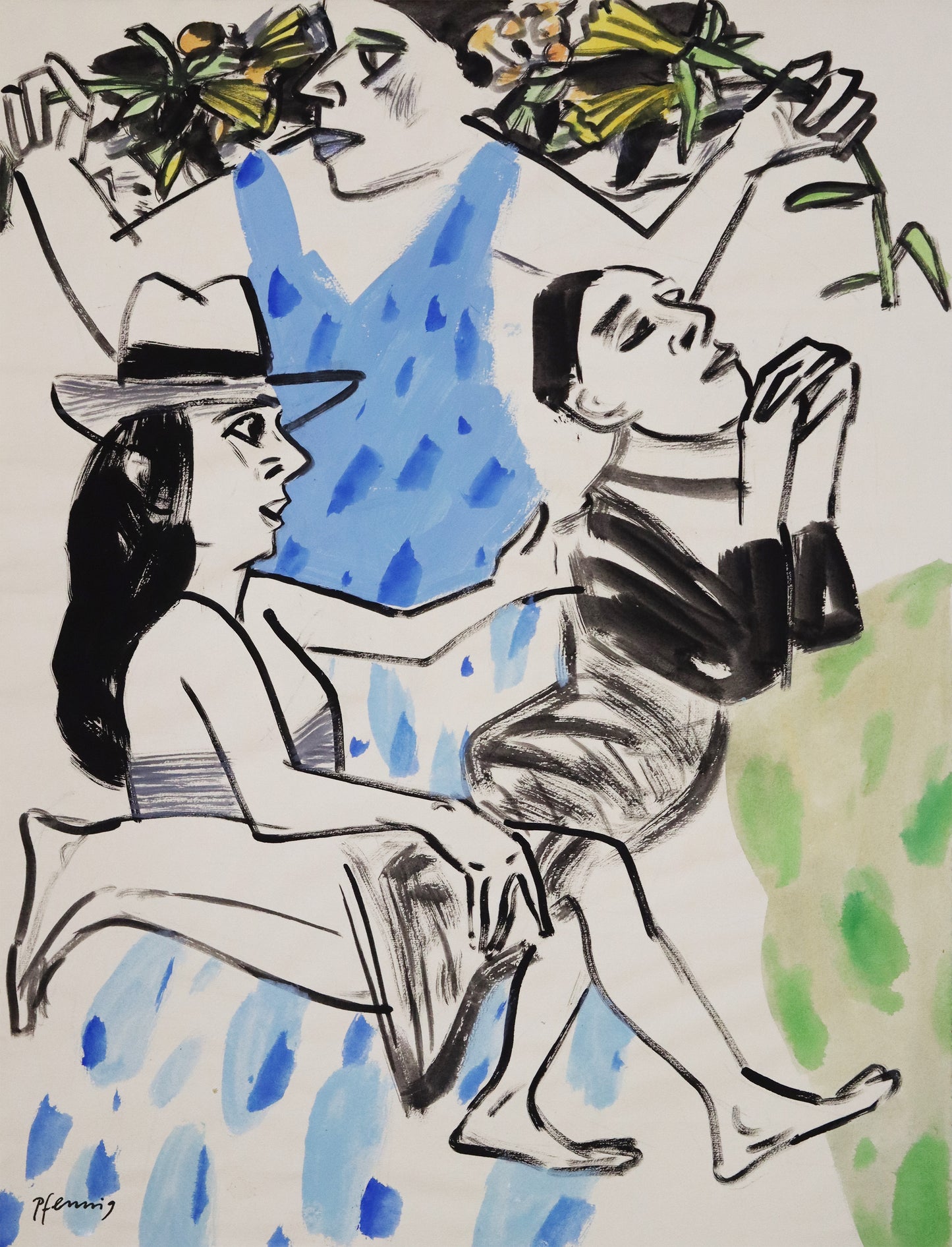 Original Mixed-Media-Malerei von Wolf-Dieter-Pfennig, ohne Titel  – expressive Darstellung einer Dreiergruppe. Eine Frau im blauen Kleid stehend, mit Blumen in den Händen neben ihrem Kopf. Davor eine Frau sitzend, eine dritte Figur auf dem Schoß, welche die Hände gebetsartig erhebt. Mixed Media auf Papier, signiert, erhältlich bei Galerie Waldbach, What the Artist Made